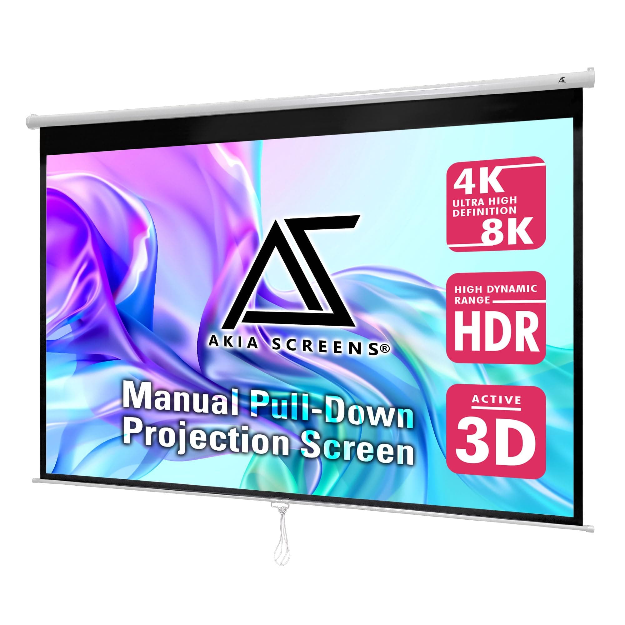 Akia Screens 100 Inch Manual Pull Down Projector Screen, 16:10 Retractable Projection Screen, 4K 8K HD Ready, Wall or Ceiling Mount, Auto-Locking Indoor Home Theater Screen, White Case (AK-M100X1)