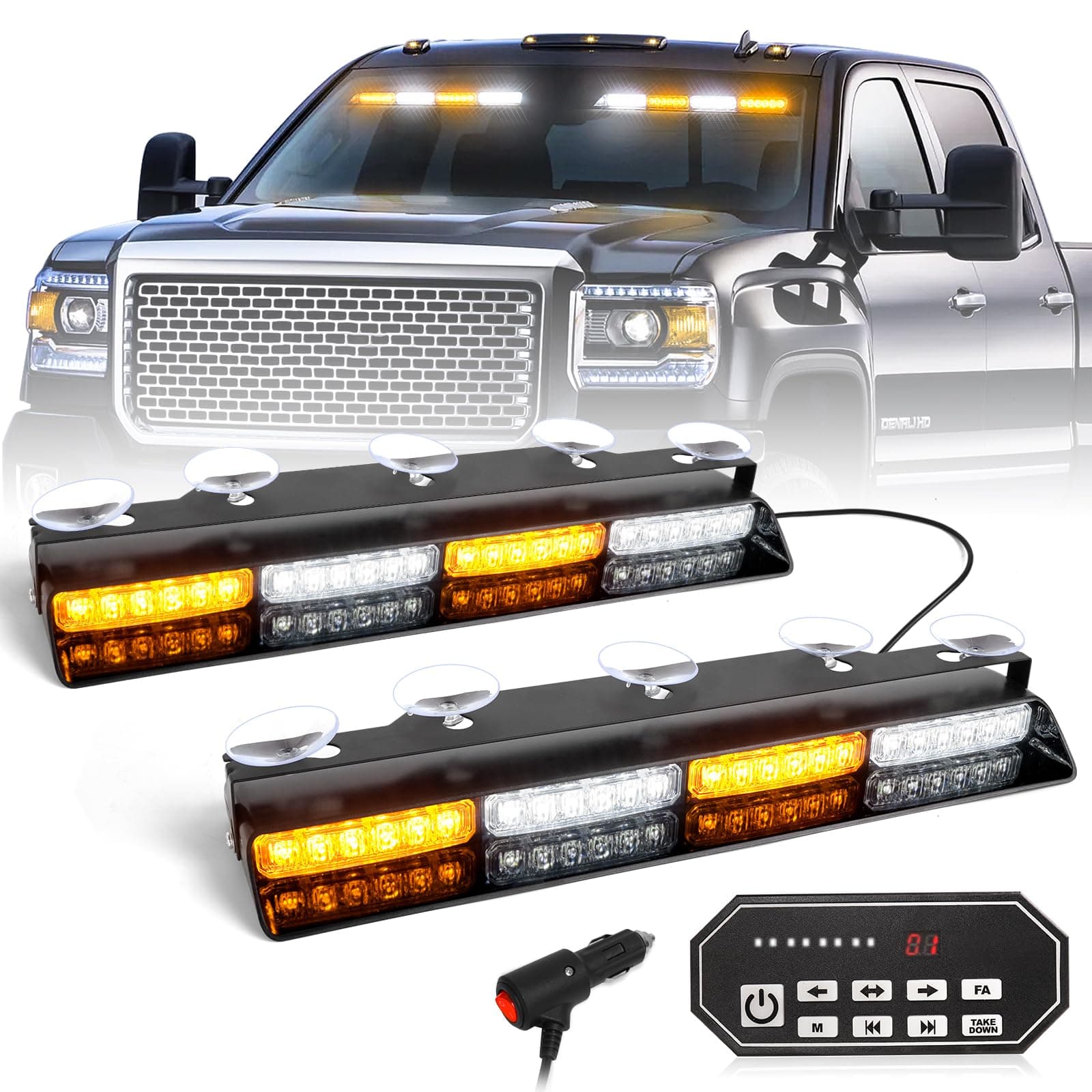 HLauto 604N Emergency Dash Strobe Lights w/Controller: 2x16.8 Amber White Security Light w/Take Down, 48 LED Safety Flashing Warning Hazard Interior Windshield Light Bar for Truck Vehicle