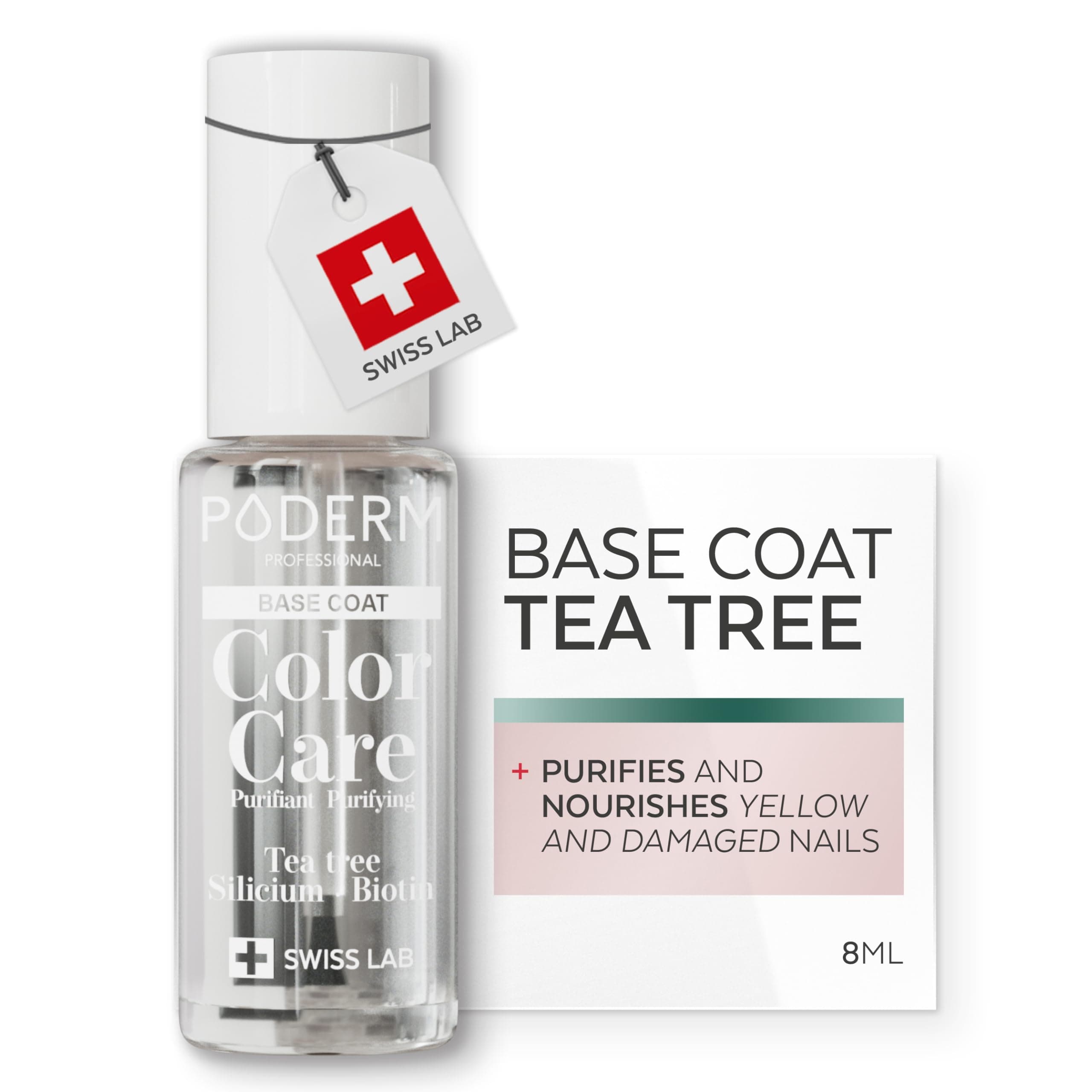 Protective BASE COAT - Enriched with TEA TREE - Ensures long-lasting colour - Prevention & Treatment for Yellow/Damaged Nails - Natural & Vegan Ingredients - Swiss Lab