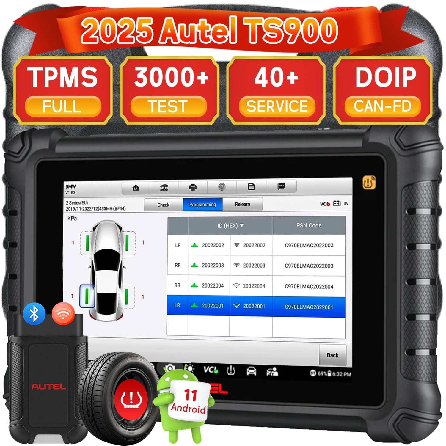 Autel MaxiTPMS TS900, Scanner & TPMS Programming Tool 2-in-1, Upgrade of MK900BT, MK900TS, MS906TS, MX900, MK900, All System Diagnosis, 40+Services CAN FD/DoIP Program Autel MX Sensors