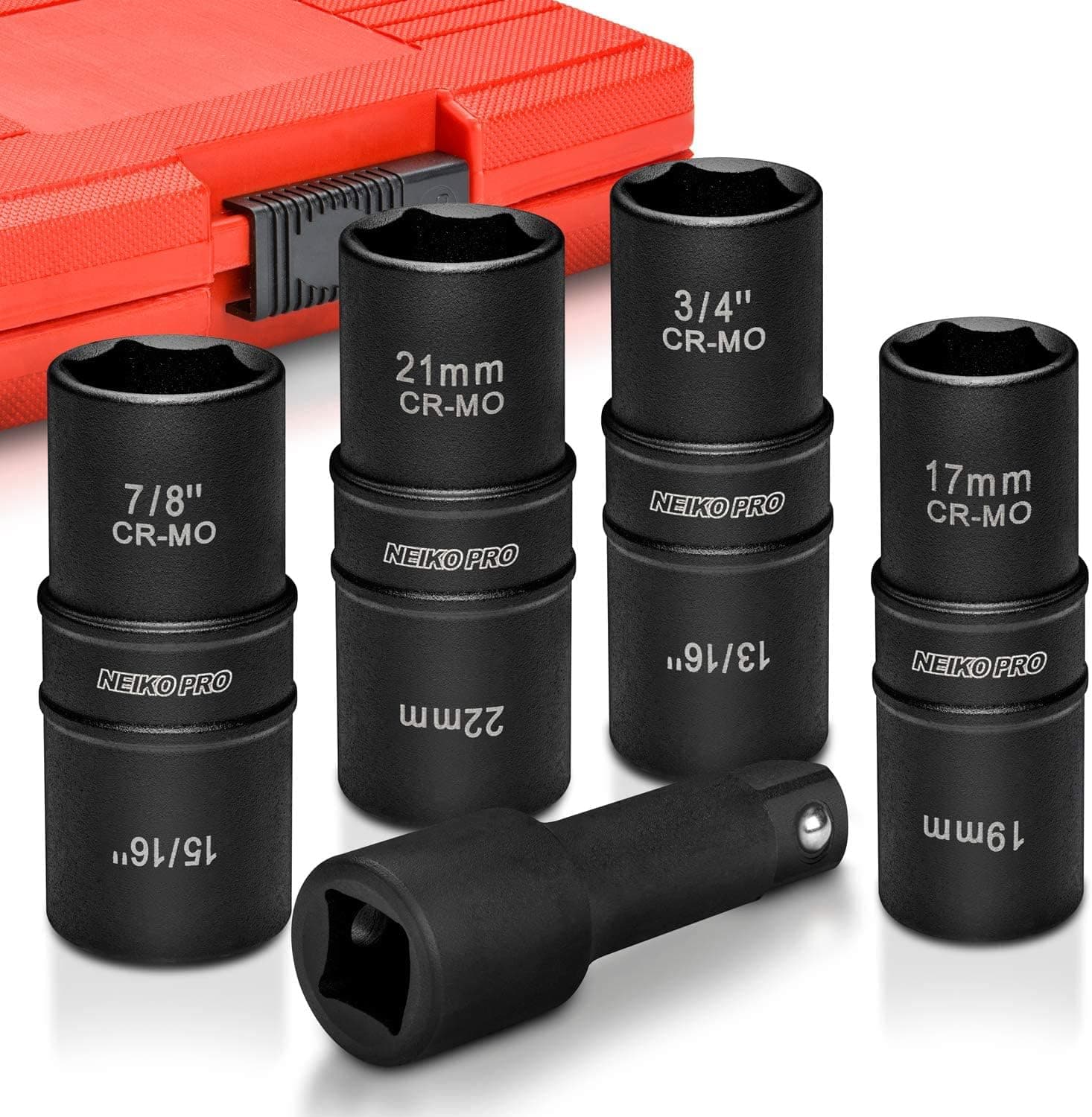 NEIKO 02282B 1/2-Inch-Drive Impact Socket Set, Flip Socket Set, Chrome Moly Steel, Includes 3-Inch Bar Extension, 8 Deep SAE and Metric Sizes, 5 Pieces