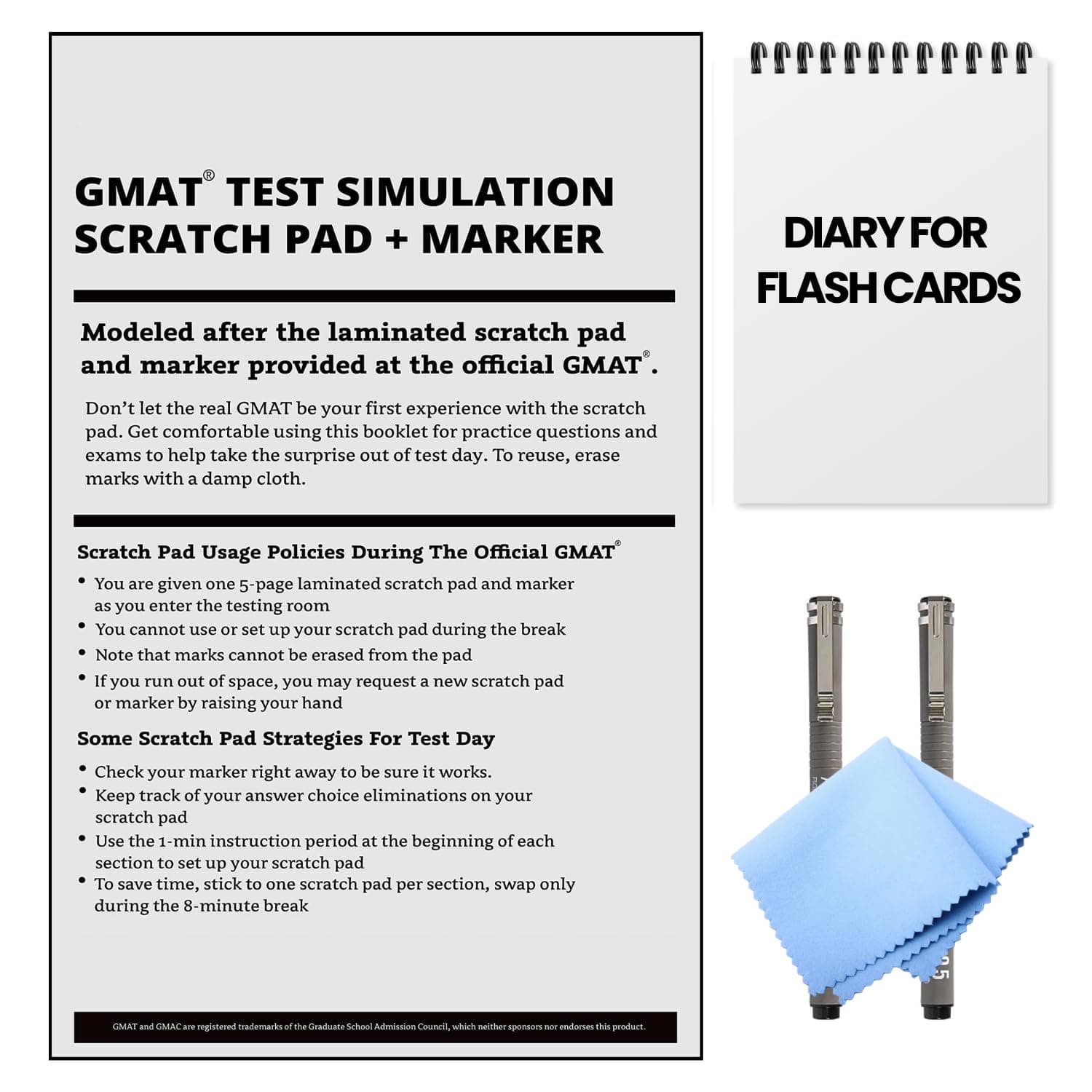 YUNIQ GMAT Test Simulation – Laminated Scratch Pad with Two Markers, an Eraser and a diary that can be used to make flascards– Perfect for Test Day Practice