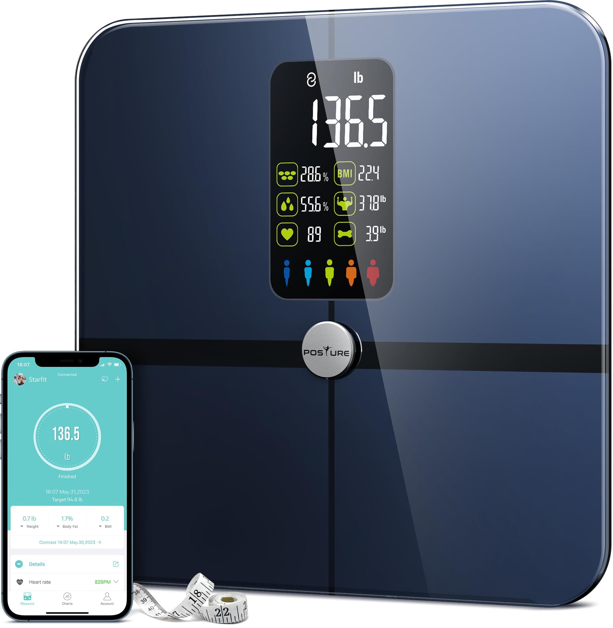 Posture Body Fat Scale, Extra Large Display Digital Bathroom Wireless Weight Scale Composition Analyzer with Heart Rate Heart Index & Body Shape Index with Free APP 400Lb Black