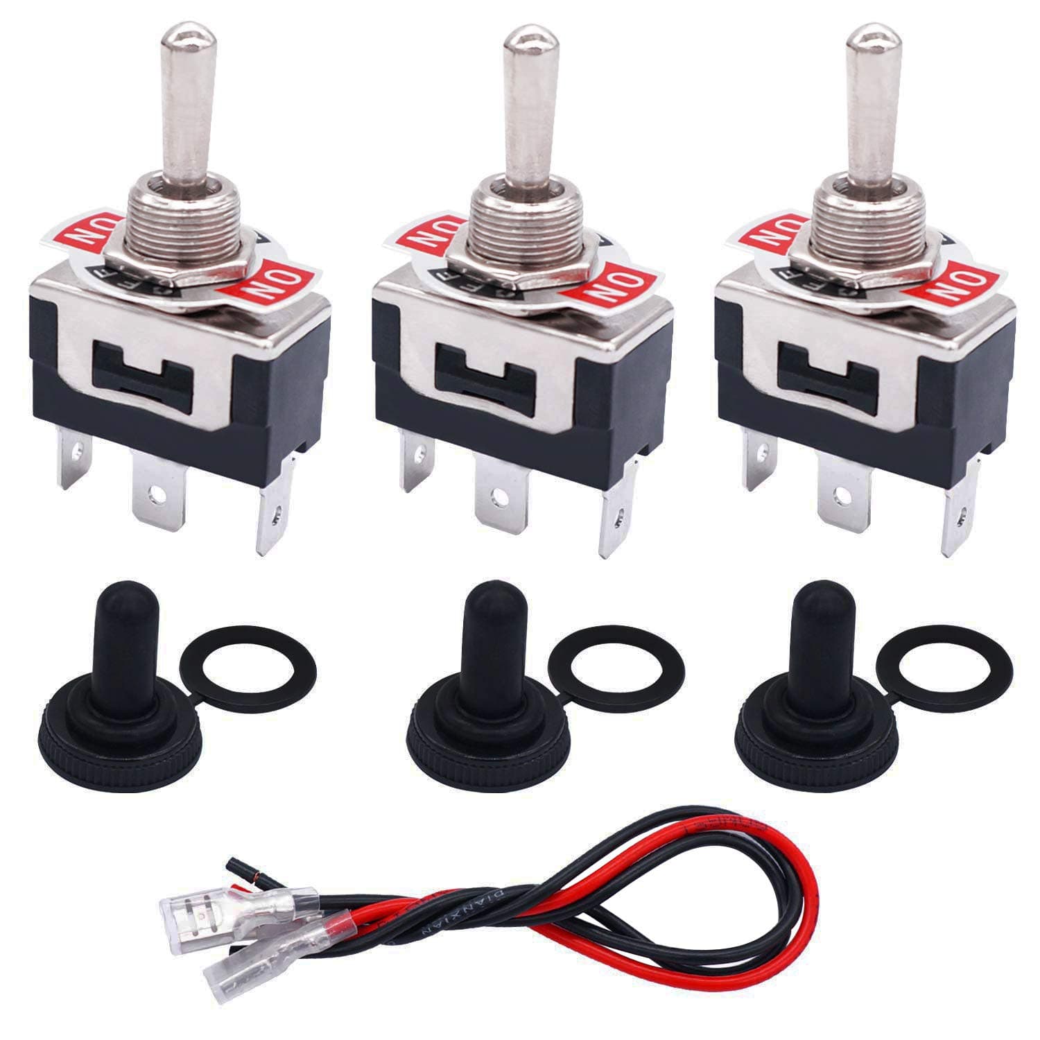 TWTADE 3Pcs Momentary Toggle Switch 3 Pins 3 Position (ON)/Off/(ON) SPDT Heavy Duty Rocker Toggle Switch 16A 250VAC Spade Terminal Metal Switch with Waterproof Boot Cap+6.3mm Wires TEN-123MZX-B123