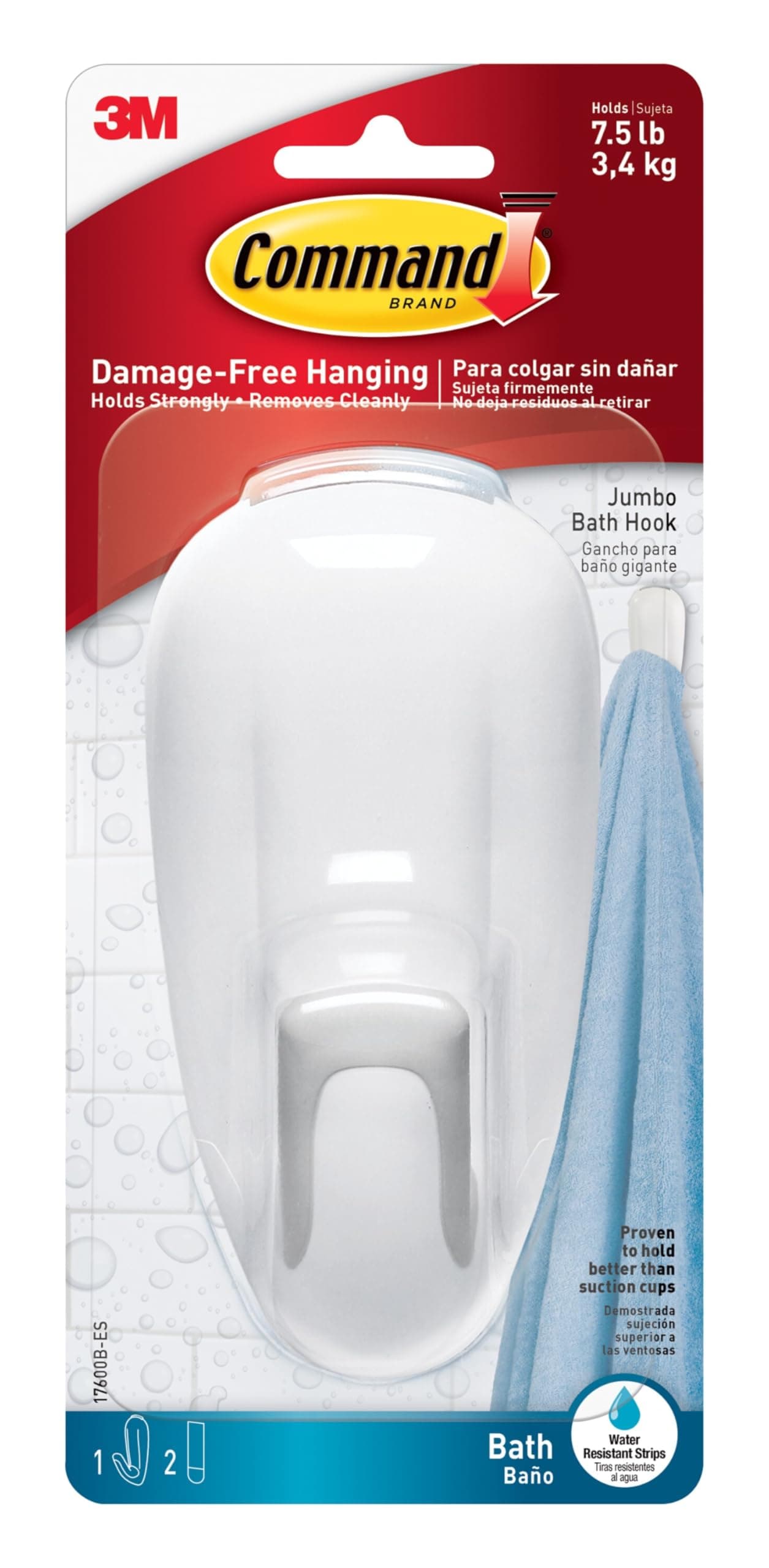 Command Bath Large Hook White color, 1 hook + 2 strips/pack | Holds 3.4 kg. | Water-Resistant Strips | Organize | Decoration | No Tools | Holds Strongly | Damage-Free Hanging