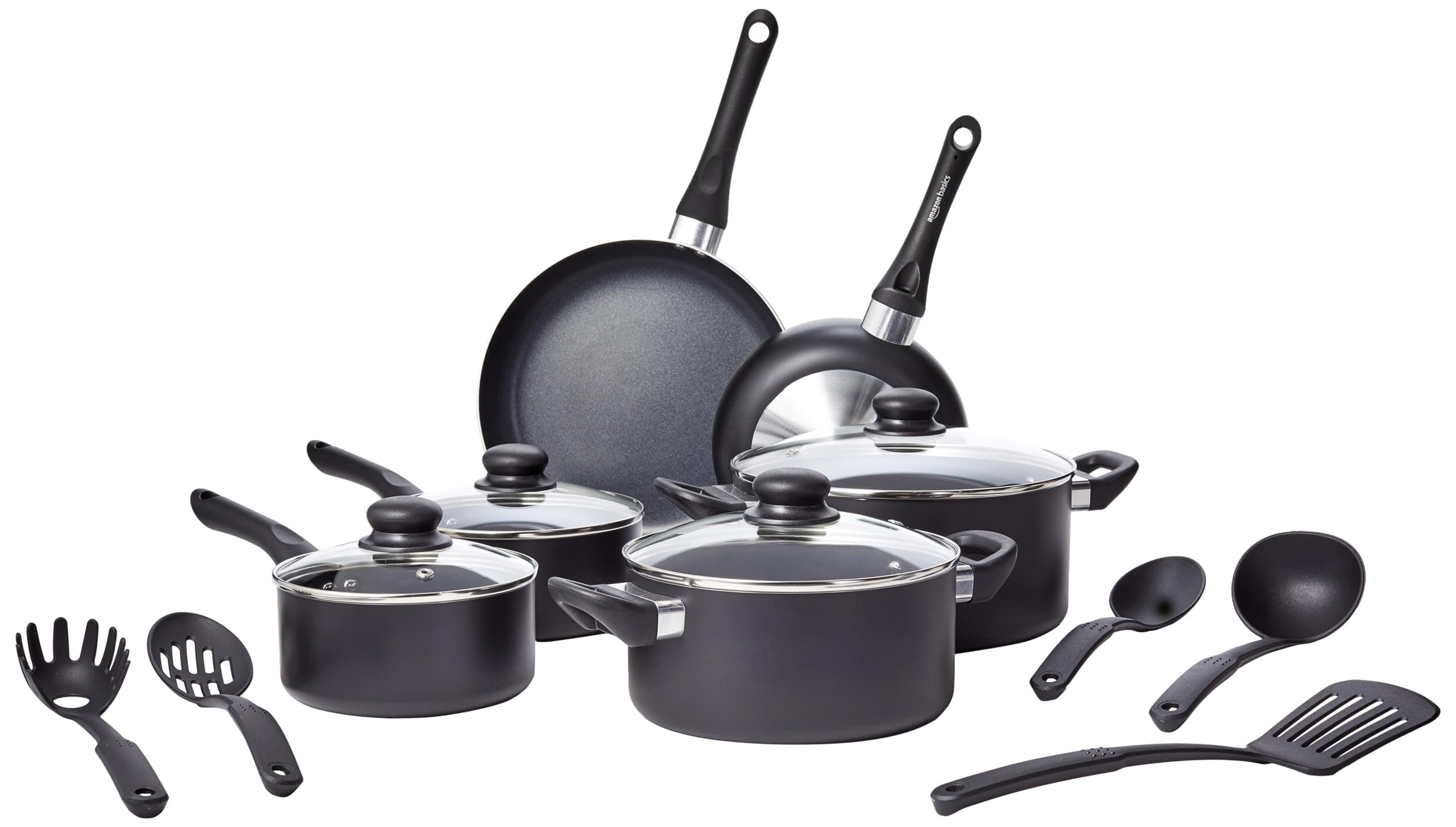 Amazon Basics 15-Piece Non-Stick Cookware Set, Black