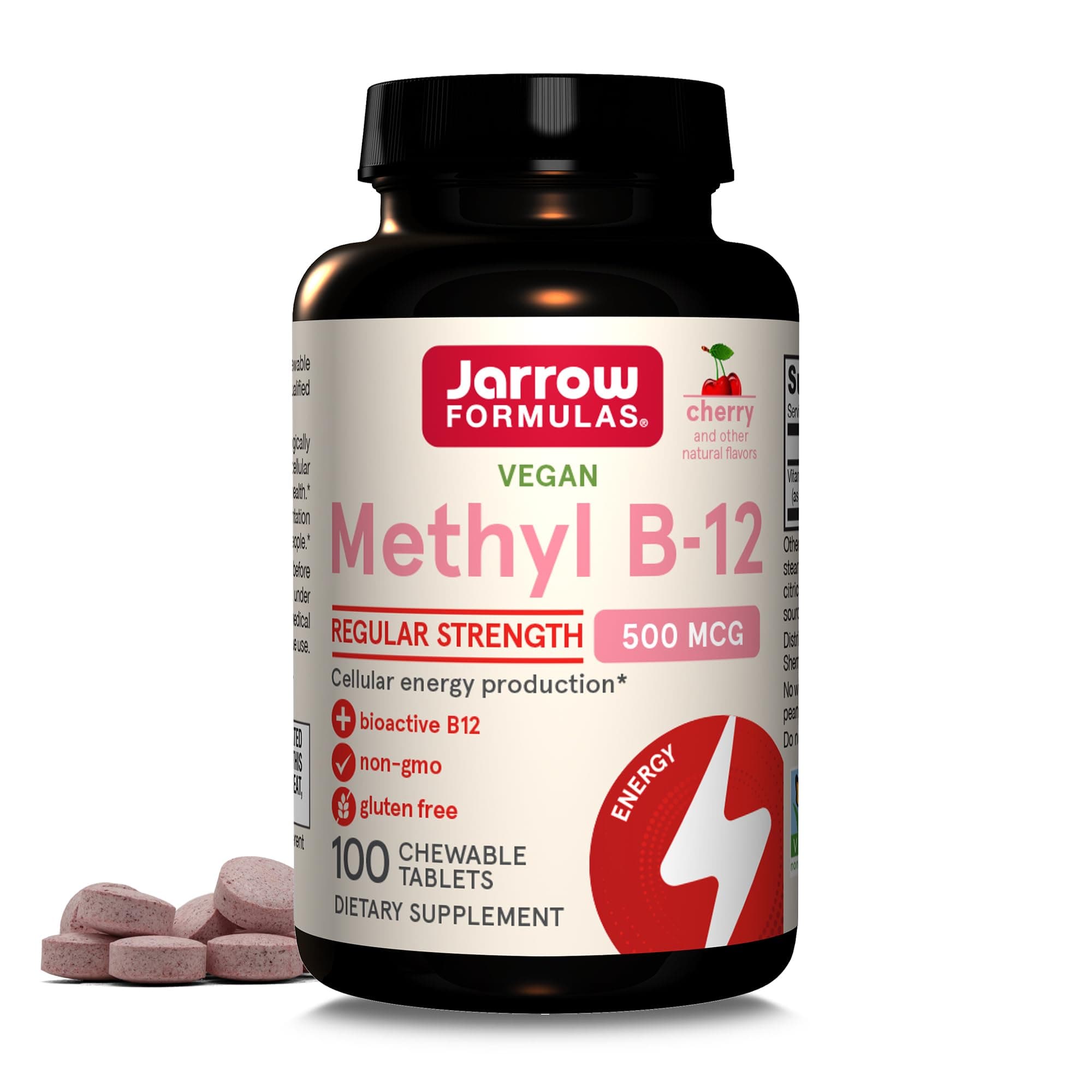 Methyl B-12 Tablets, 500 mg, Dietary Supplement for Cellular Energy Production and Brain Health Support, 100 Cherry Flavor Chewable Tablets, 100 Day Supply