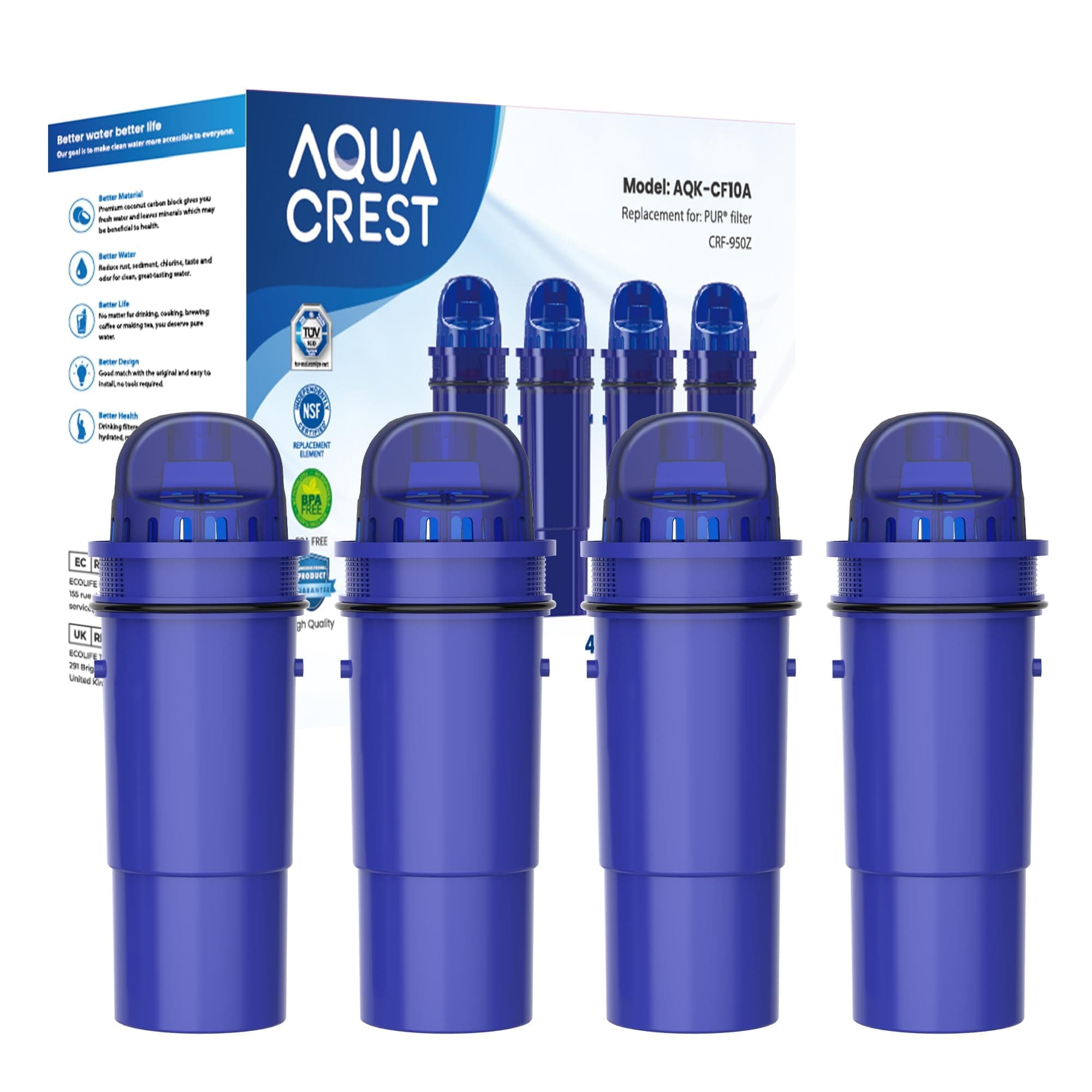 - AQUA CREST NSF Certified Filter, Replacement for Pur® Plus Pitcher Water Filter, CRF950Z, PPF951K, PPF900Z, DS1811Z, PPT711, PPT111, CR-1100C and All Pur® Pitchers and Dispensers, 4 Packs