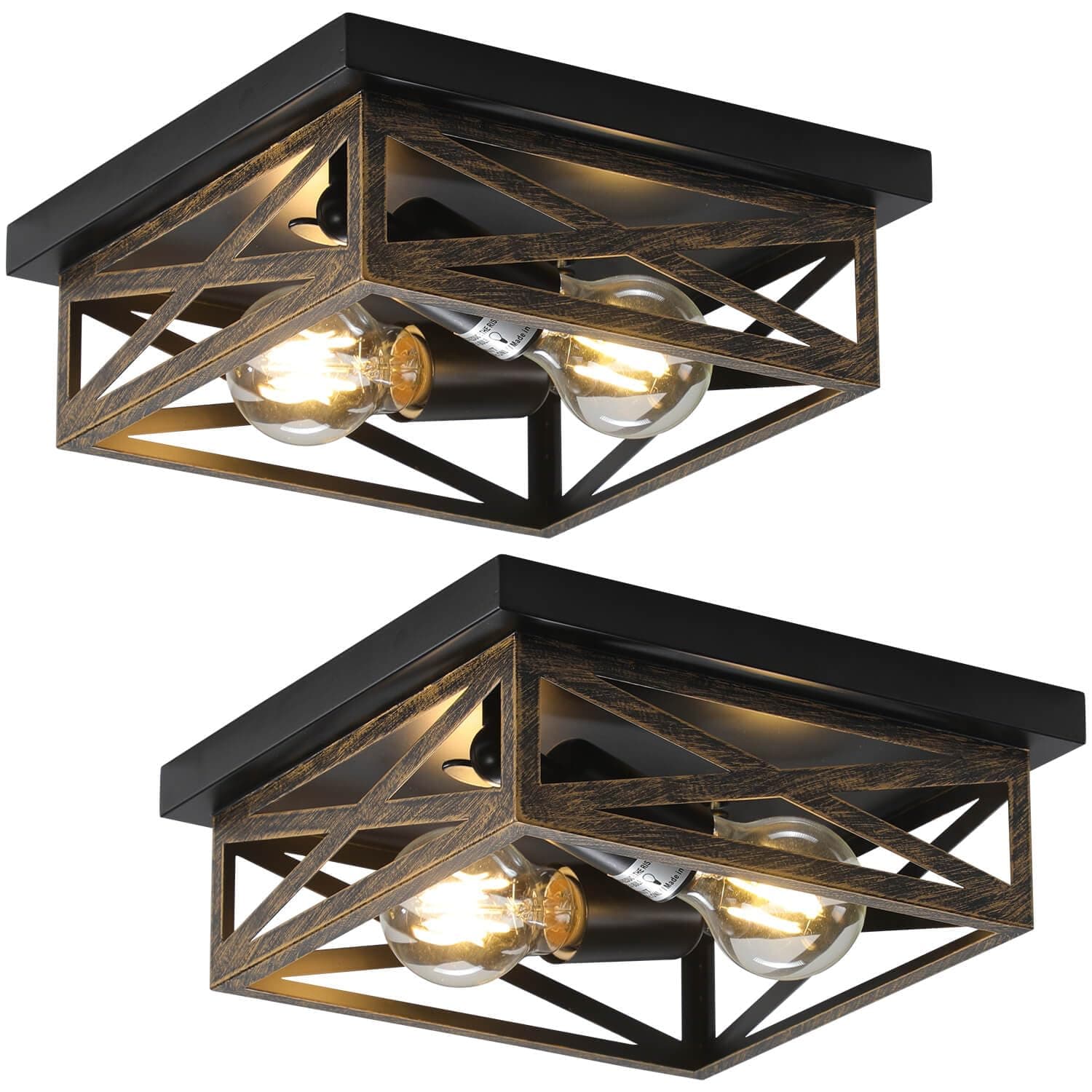 2Pack Rustic Flush Mount Ceiling Light Fixture, Modern Farmhouse Light Fixture, Kitchen Hallway Light Fixtures for Bedroom,Dining Room Entryway,Industrial Metal Cage Ceiling Light