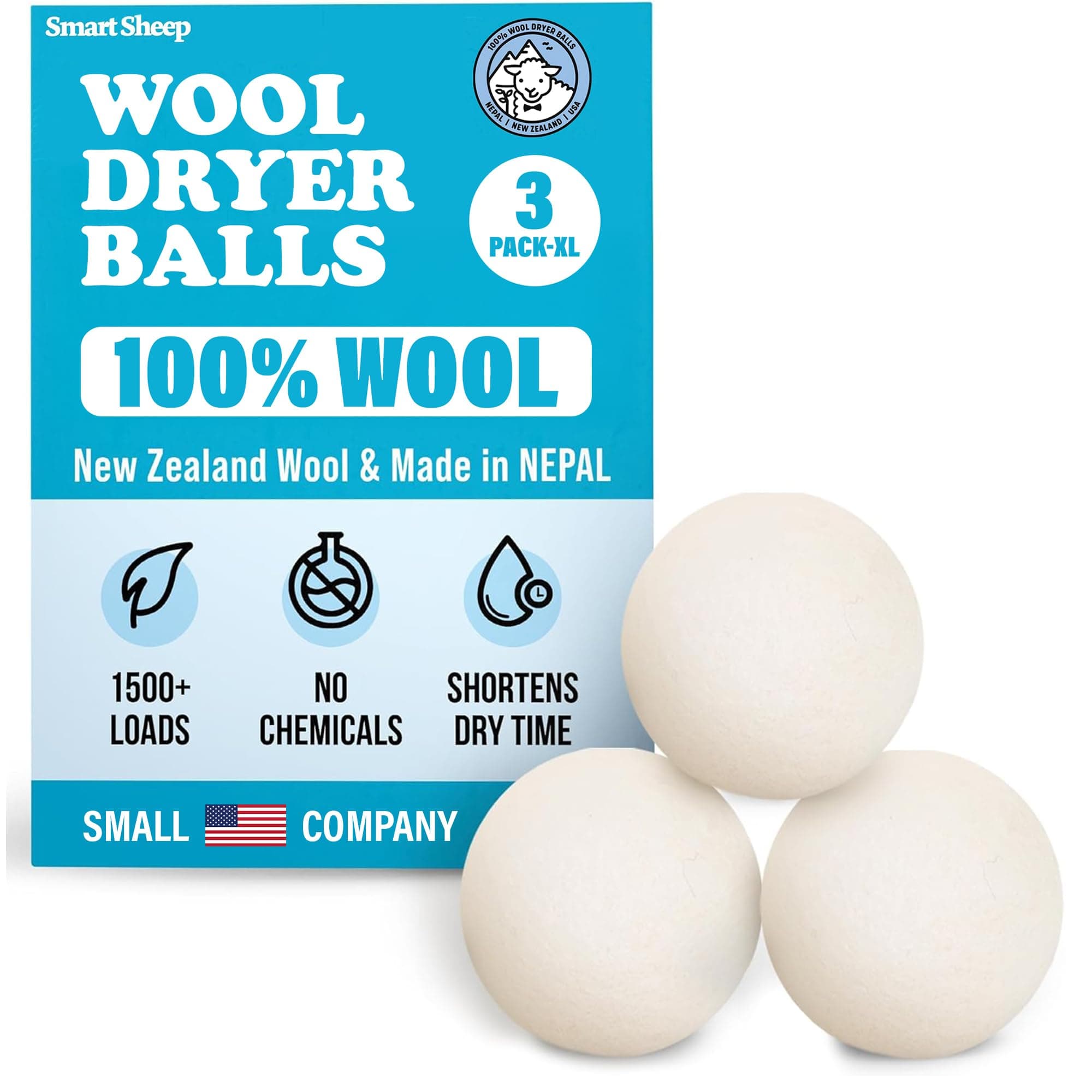 Smart Sheep Reusable Wool Dryer Balls, 3-Pack