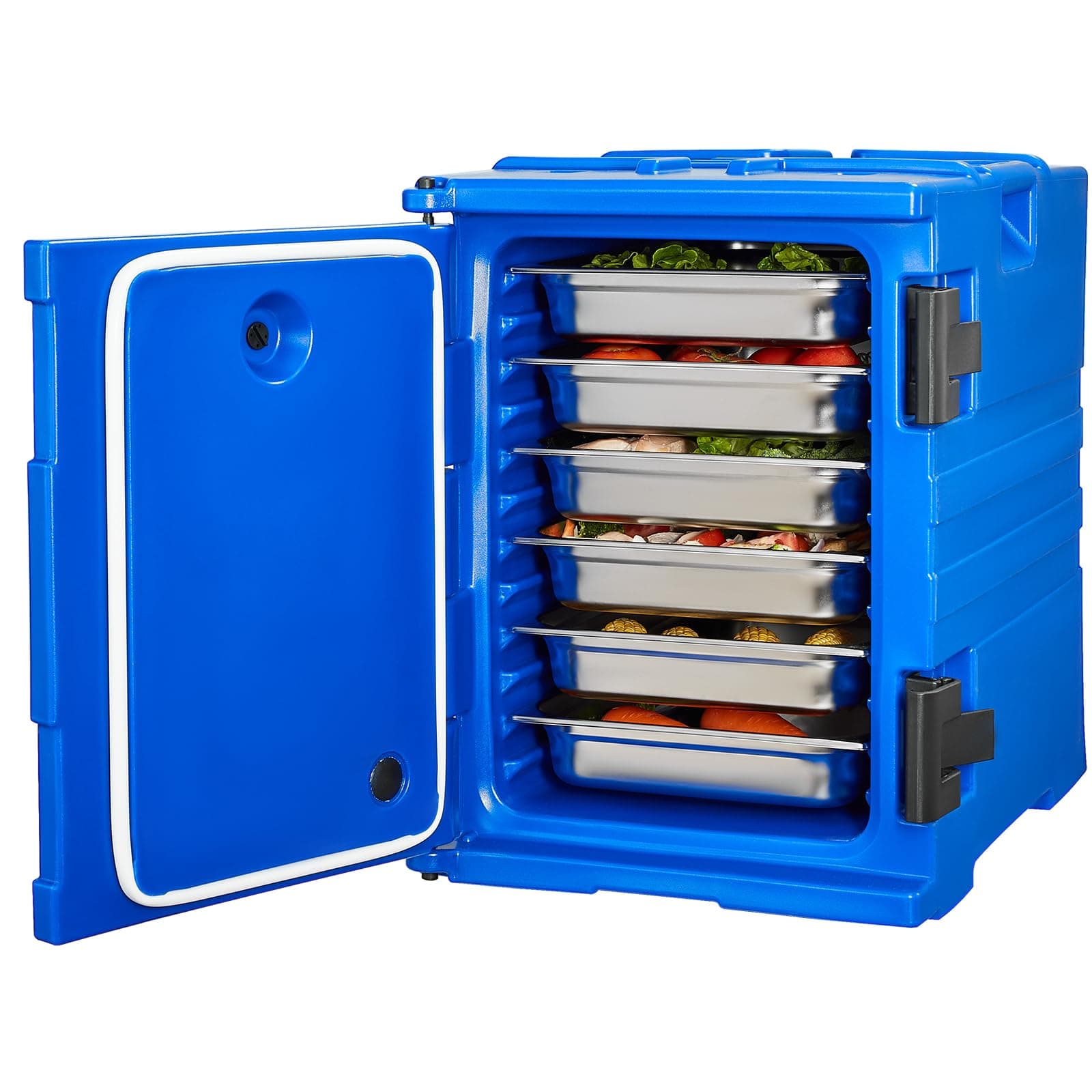 Insulated Food Pan Carrier, 95 Qt Hot Box for Catering, LLDPE Food Box Carrier w/Double Buckles, Front Loading Food Warmer w/Handles, Stackable End Loader for Restaurant, Canteen, etc. Blue