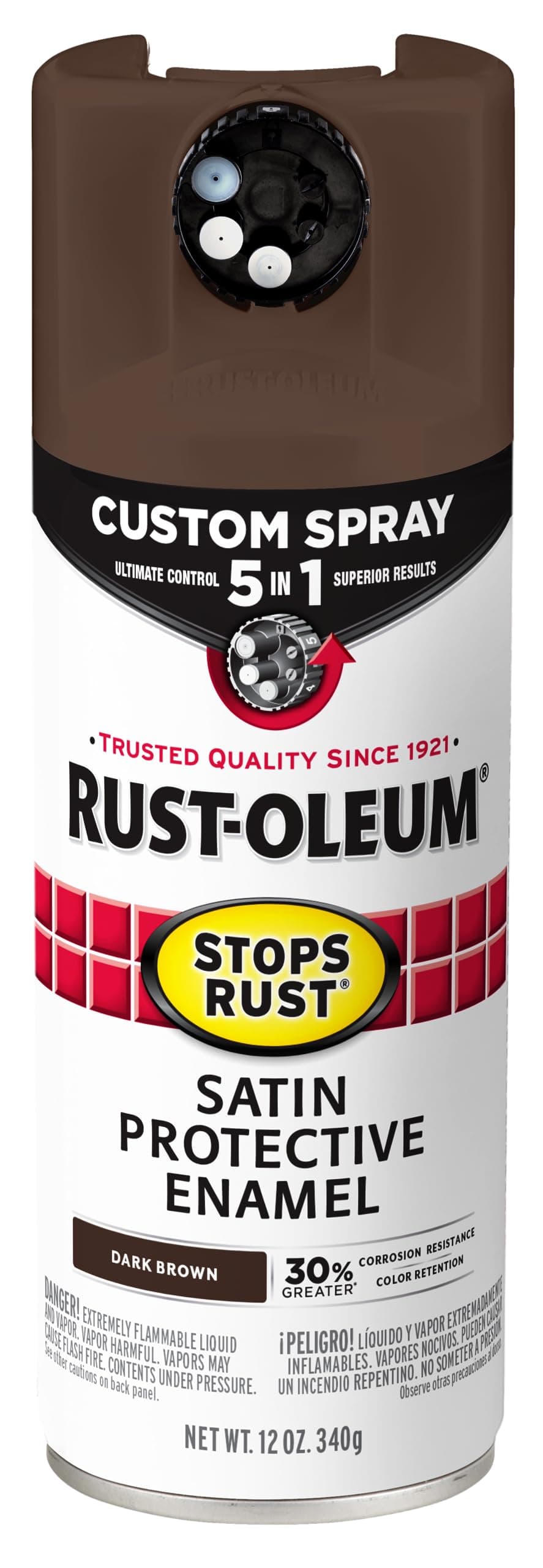 Rust-Oleum 376873 Stops Rust Custom Spray 5-in-1 Spray Paint, 12 oz, Satin Dark Brown