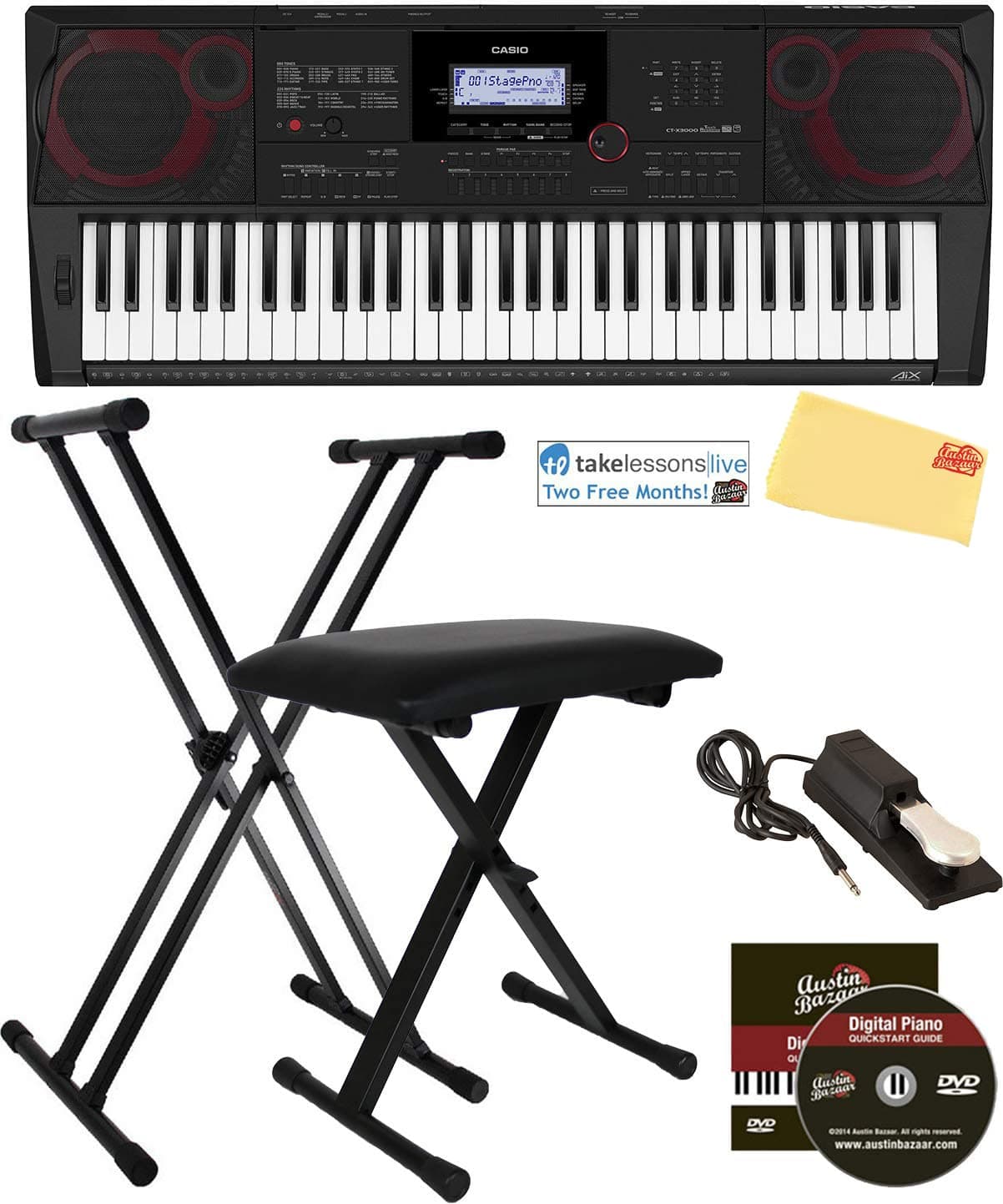 Casio CT-X3000 61-Key Keyboard Bundle with Adjustable Stand, Bench, Sustain P...