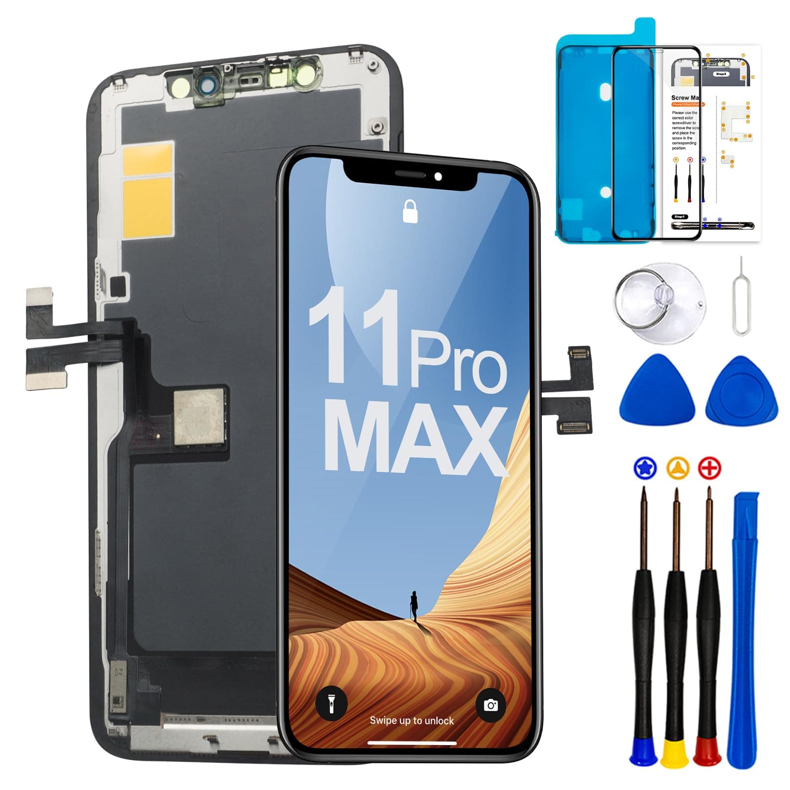 for iPhone 11 Pro Max Screen Replacement Kit, 6.5 inch Full HD LCD Display 3D Touch Digitizer Assembly(Model A2161, A2218, A2220) with Repair Tools Screen Tempered Protector