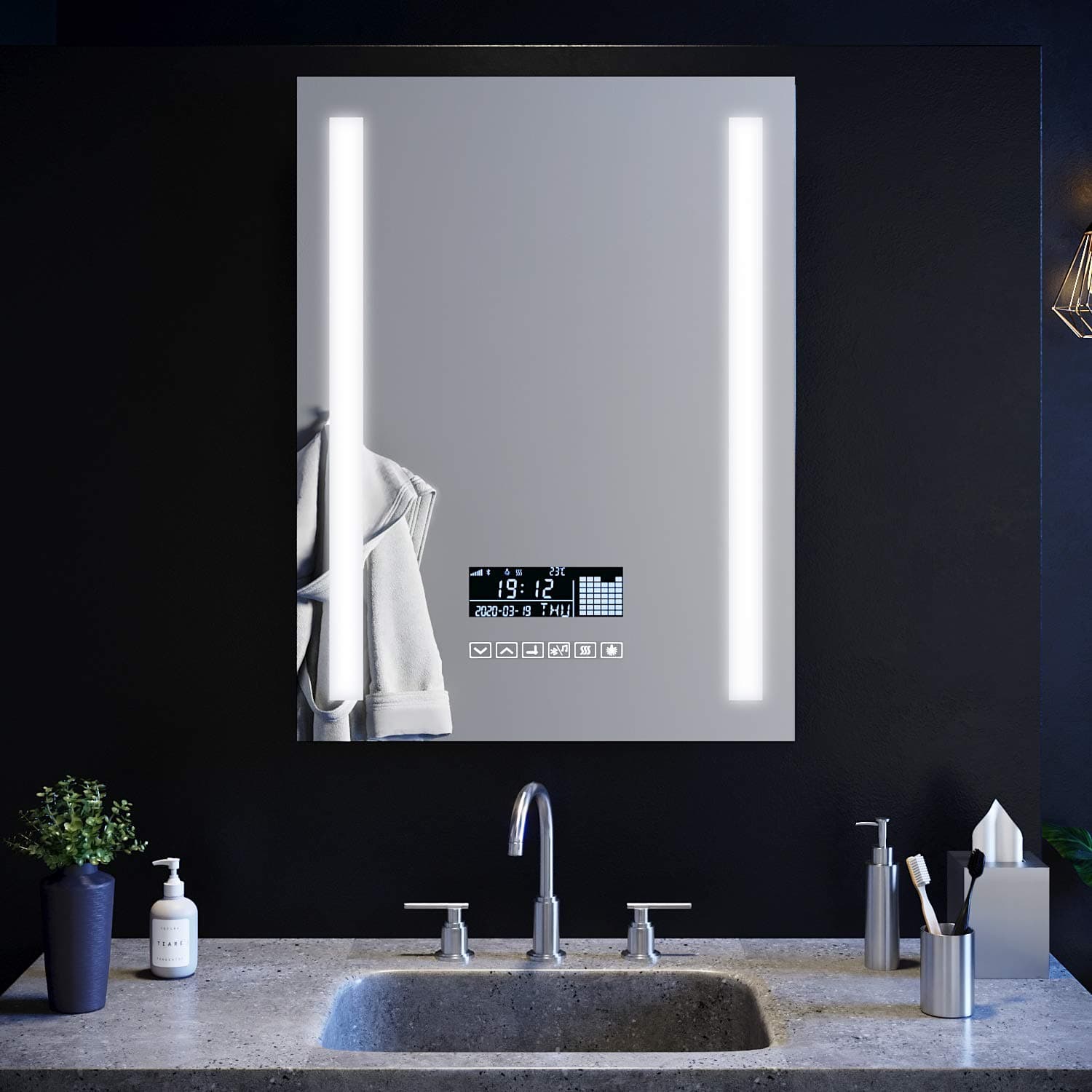 ELEGANT Bluetooth Bathroom Mirror with LED lights with Additional Features Bluetooth Audio | Time Display | Shaver Socket | Touch control | Anti-Fog 800 x 600mm Smart LED Bathroom Mirror