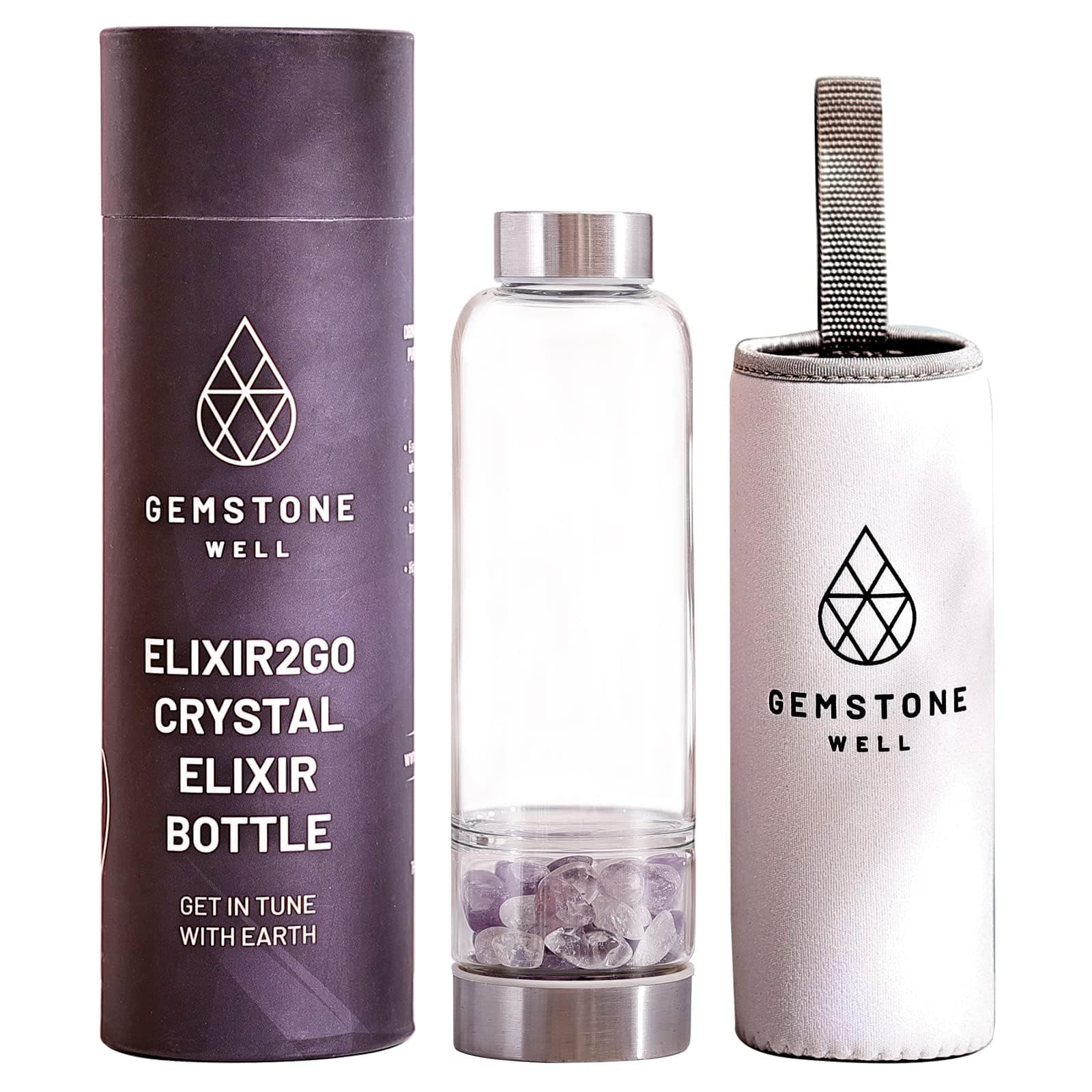 Crystal Water Bottle Elixir Set | Includes Authentic Amethyst & Clear Quartz Crystals And Healing Stones | Black Neoprene Sleeve | Drink Gem Infused Water On The Go