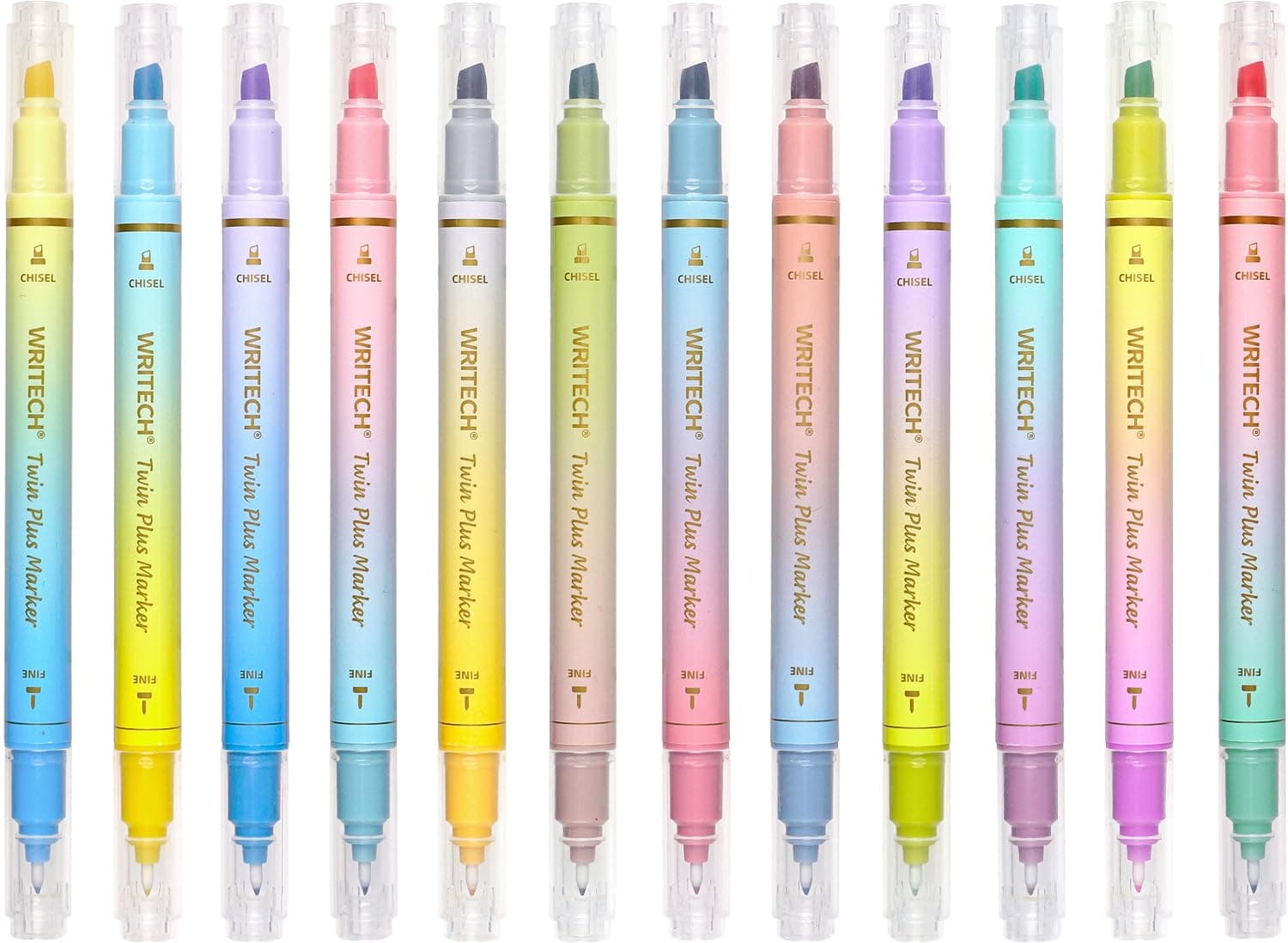 WRITECH Dual Tip Highlighter Markers: Aesthetic Fine & Chisel Tip Assorted Pastel Colors Marker Multicolor Pens Pack for Bible Highlighting Journaling Drawing 12ct