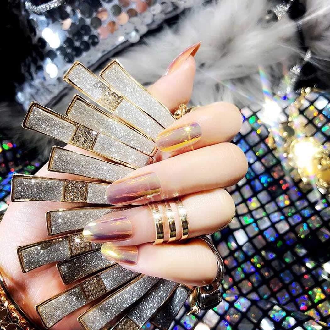 Milanco 24 pcs Full Cover Bright Mirror Effect False Nails Coffin Glossy Finish Fake Nail Press on Nail for women (Gold Pink Purple Pink Silver White Nude Series) (champagne)