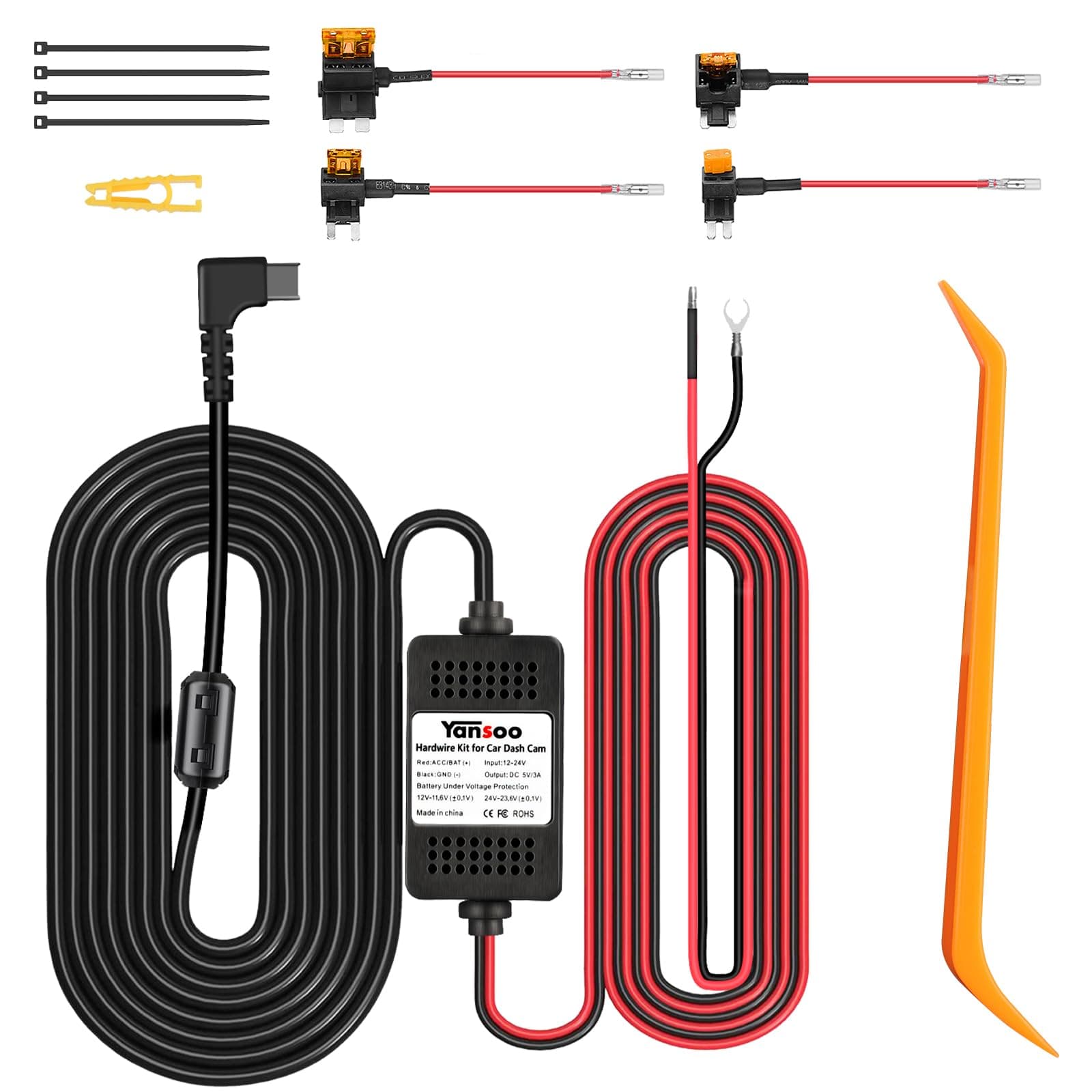 Dash Cam Hardwire Kit USB C,13ft Type-C Hard Wire Kit for Dash Camera,USB C Hard Wire Kit Fuse for Dashcam,12V-24V to 5V Hardwire Kit Car Camera Charger Power Cord with Low Voltage Protection