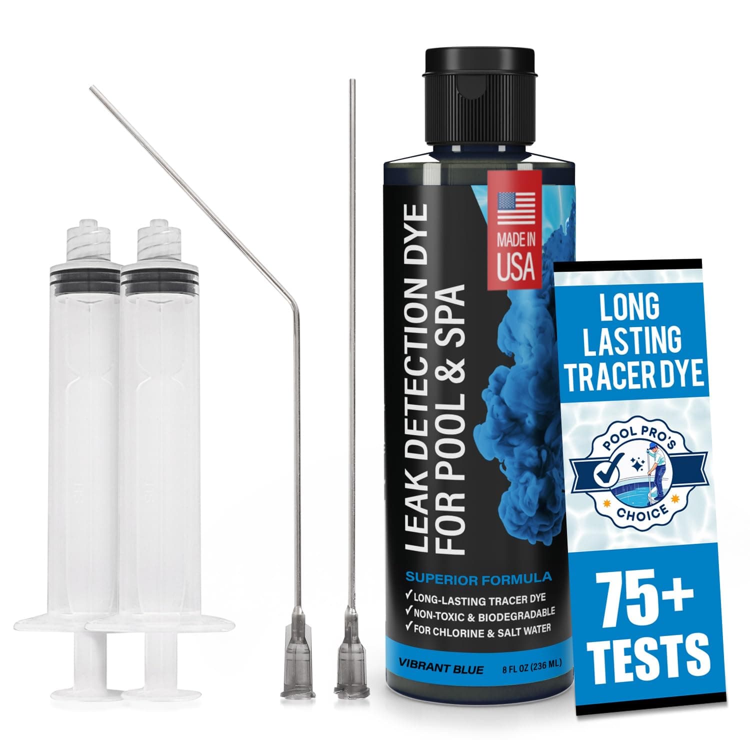 Pool Leak Detection Dye Kit - with 2 Precision Applicators - Made in USA - Superior Long Lasting UV Pool Dye Easily Locates Leaks - for All Pool, Spa, & Hot Tub Types - 8 OZ (Vibrant Blue)
