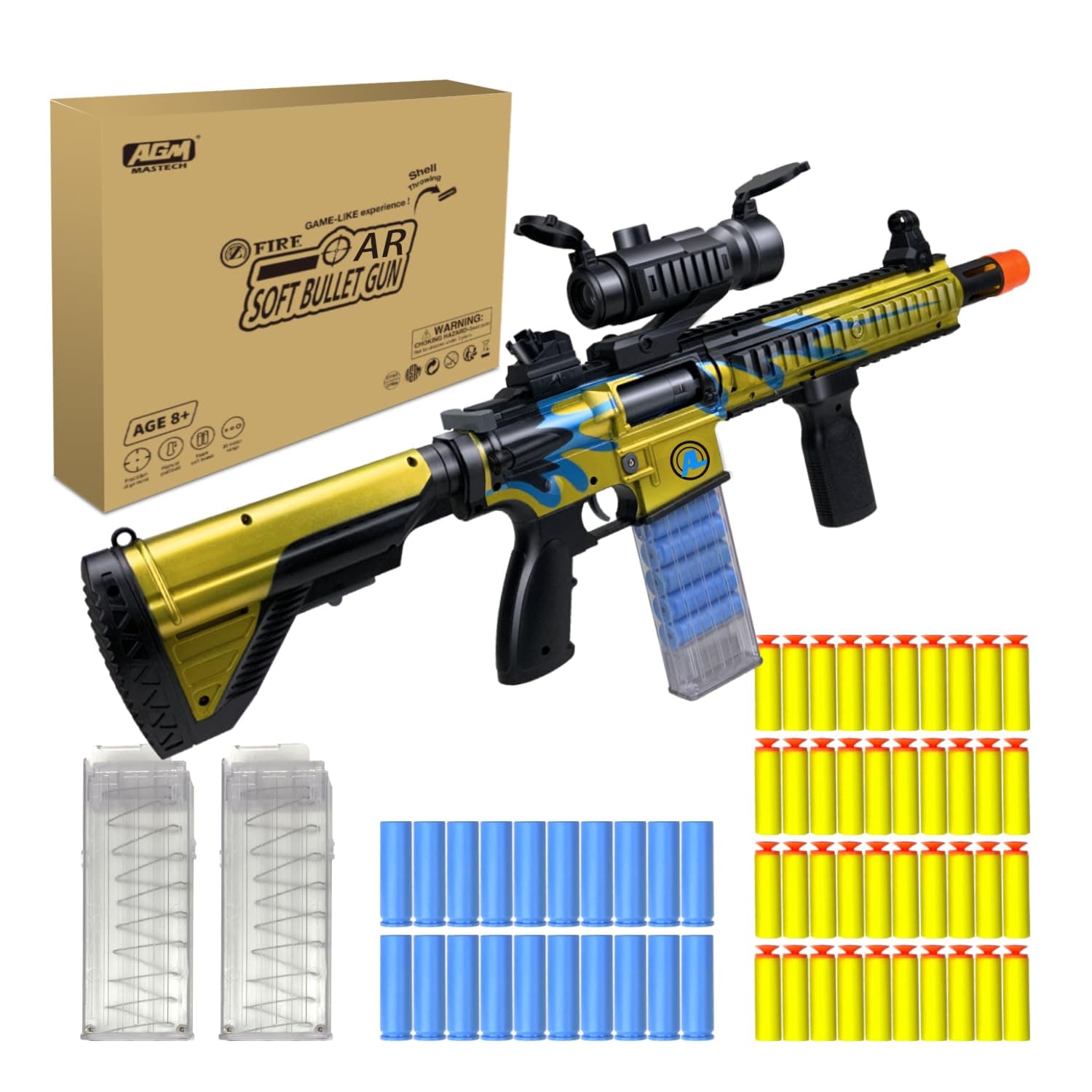 AGM MASTECH 416 Foam Blaster, Shell Ejecting Model with 40 Darts, 2 Mags. Realistic Tactical Gear for CS Games, Outdoor Matches, Teens 14+ & Adults (Gold)