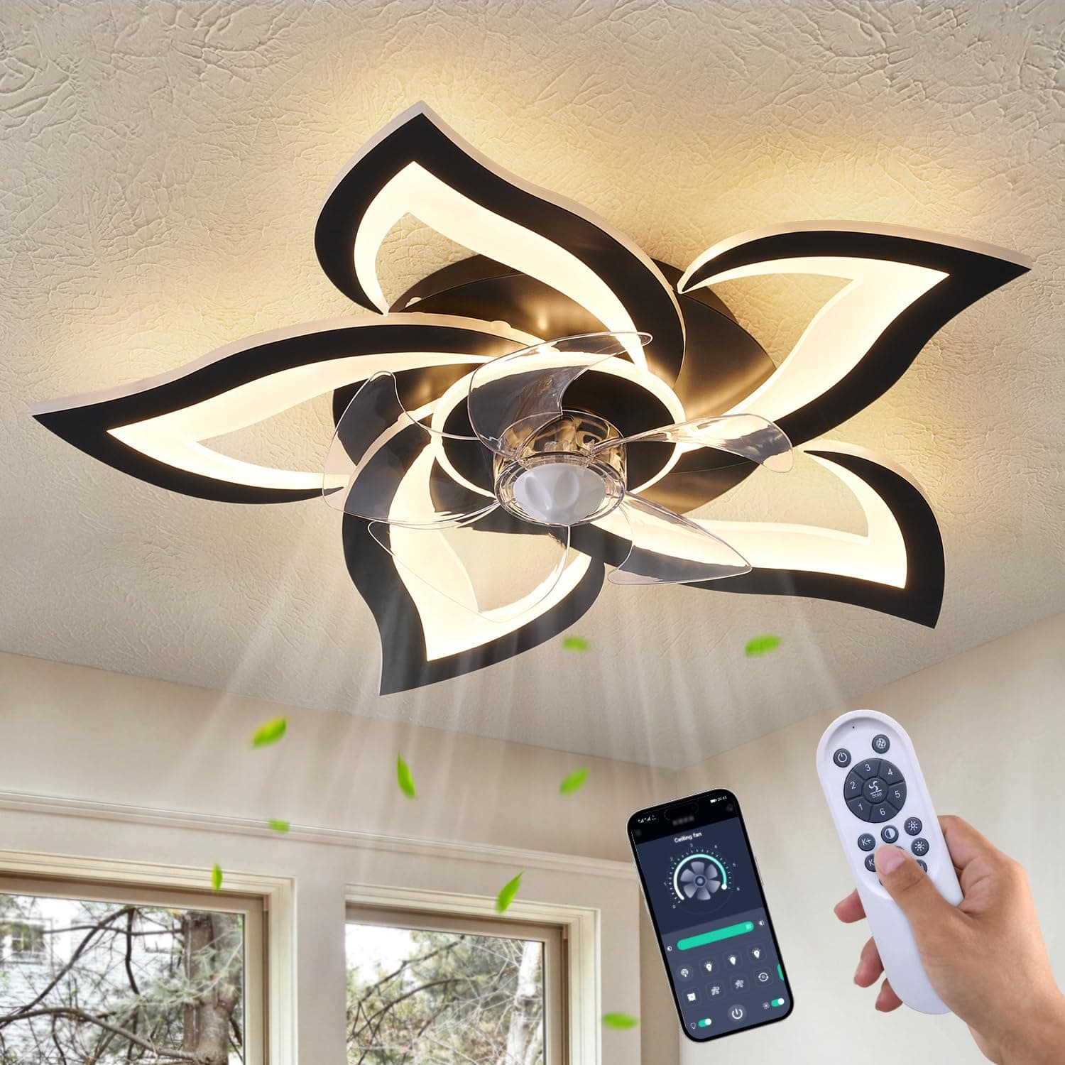 Dalouguan Ceiling Fan with Lights Remote Control, 24" Black, 6 Speeds 3 Light...
