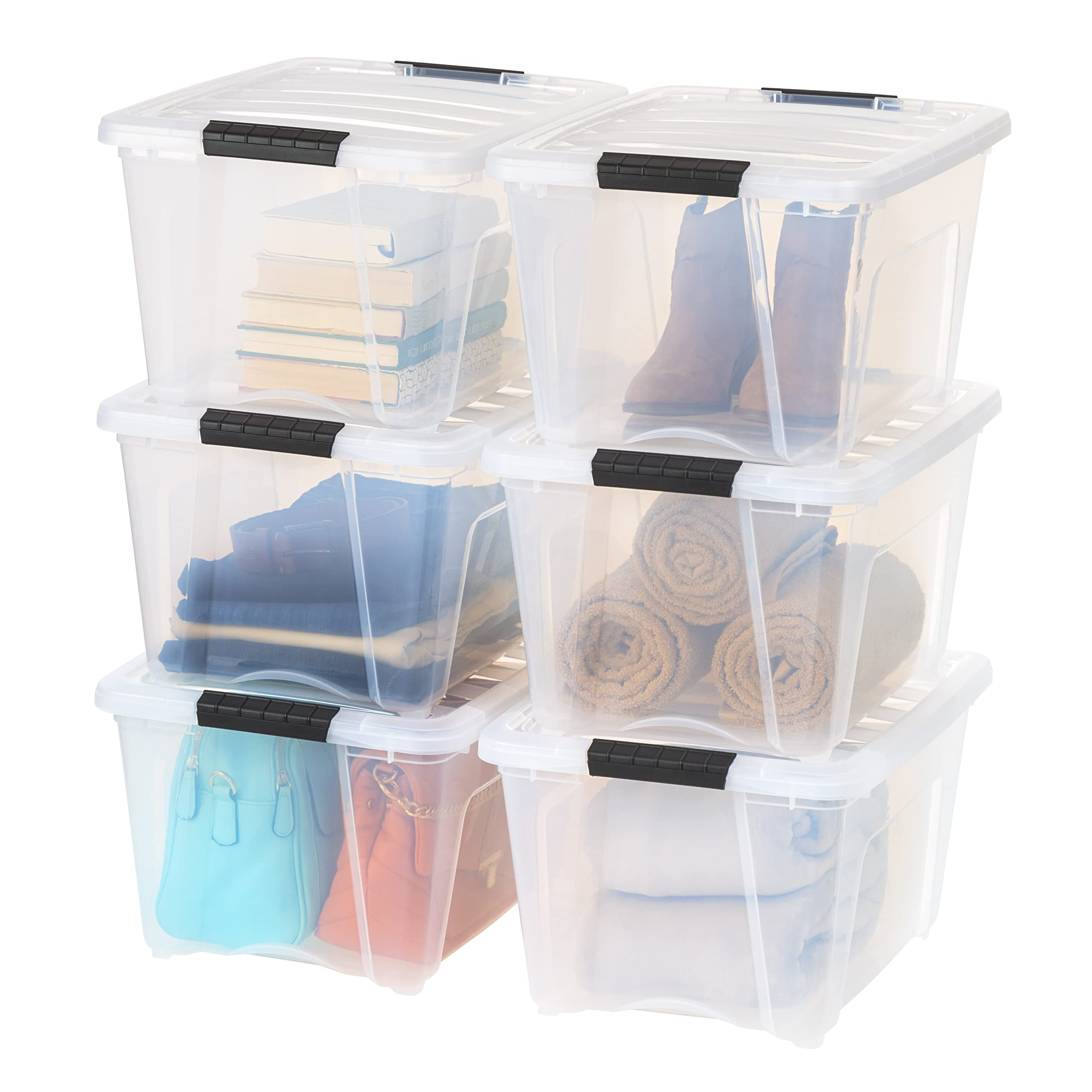 IRIS USA 32 Quart Stackable Plastic Storage Bins with Lids and Latching Buckles, 6 Pack Clear, Containers with Lids and Latches