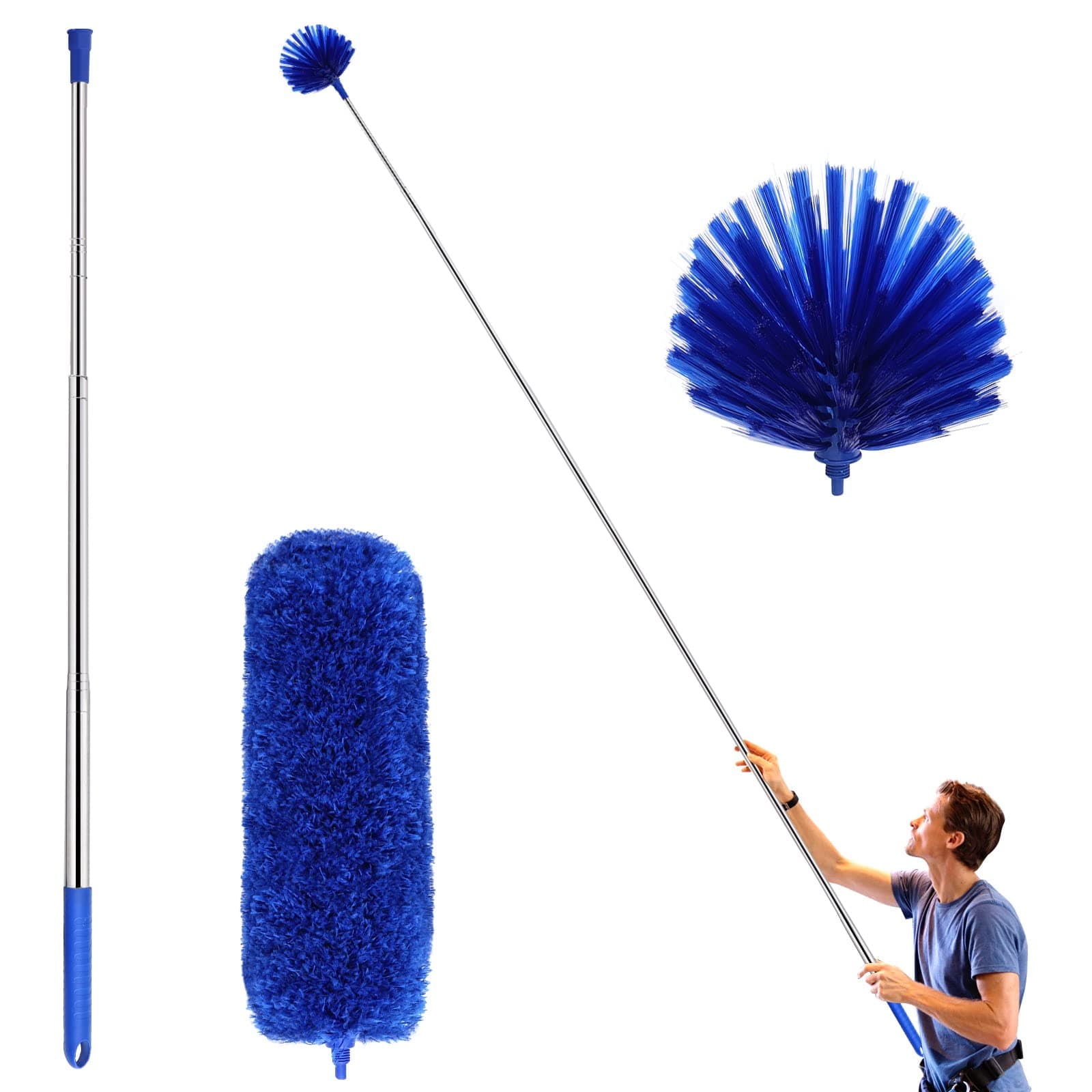 ZZ LAZYCOTTAGE Cobweb Duster with Extension Pole, Washable Cleaning Duster Kit with 2 Duster Heads, Cobweb Duster, Corner Brush, Aluminum Telescoping Pole for Ceiling Fan (Blue)