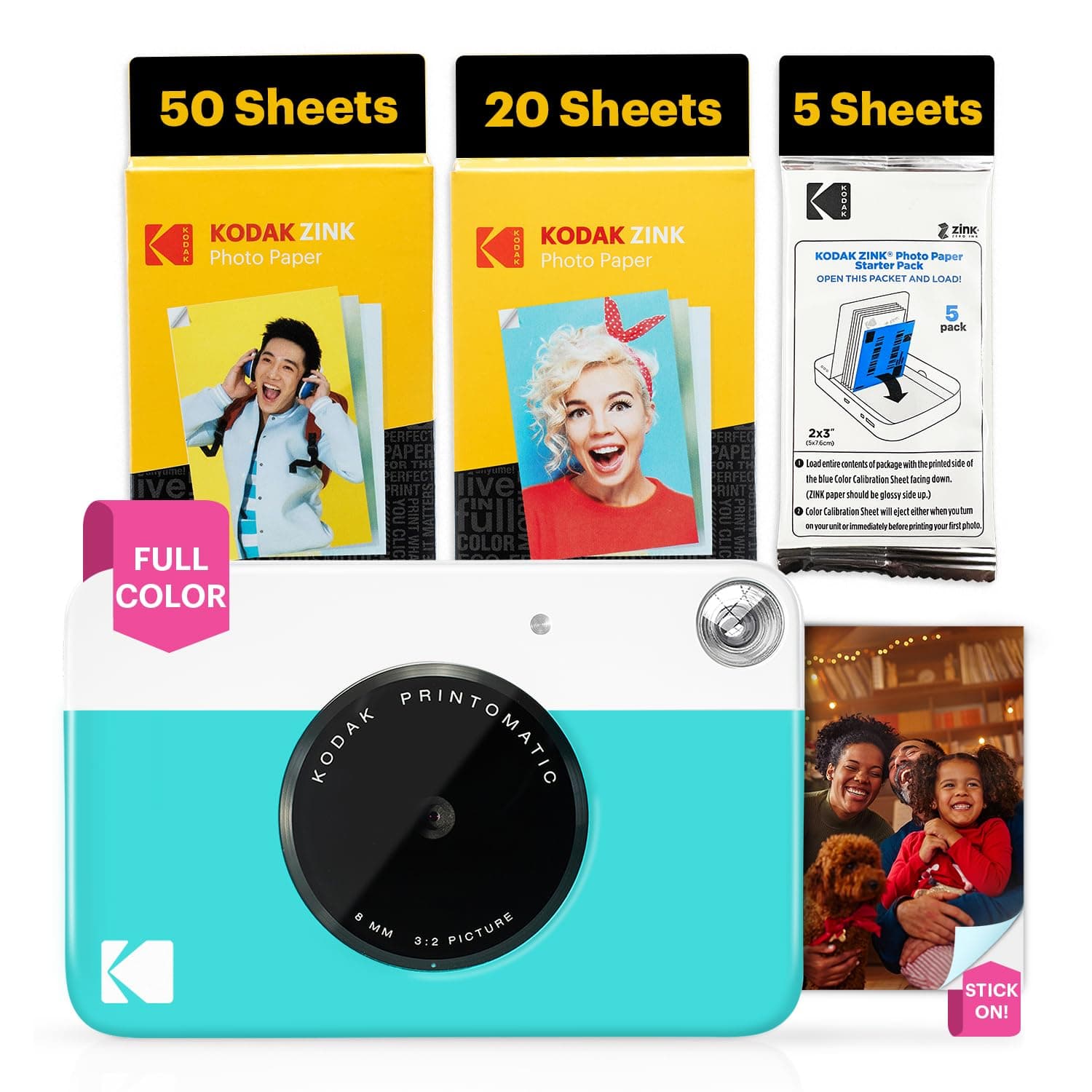 Printomatic Full-Color Instant Print Digital Camera - 75 Sheets Bundle - Prints On Zink 2x3 Sticky-Back Photo Paper - 5MP, Portable, Creative Fun Gift for Birthday, Christmas, Holiday - Blue