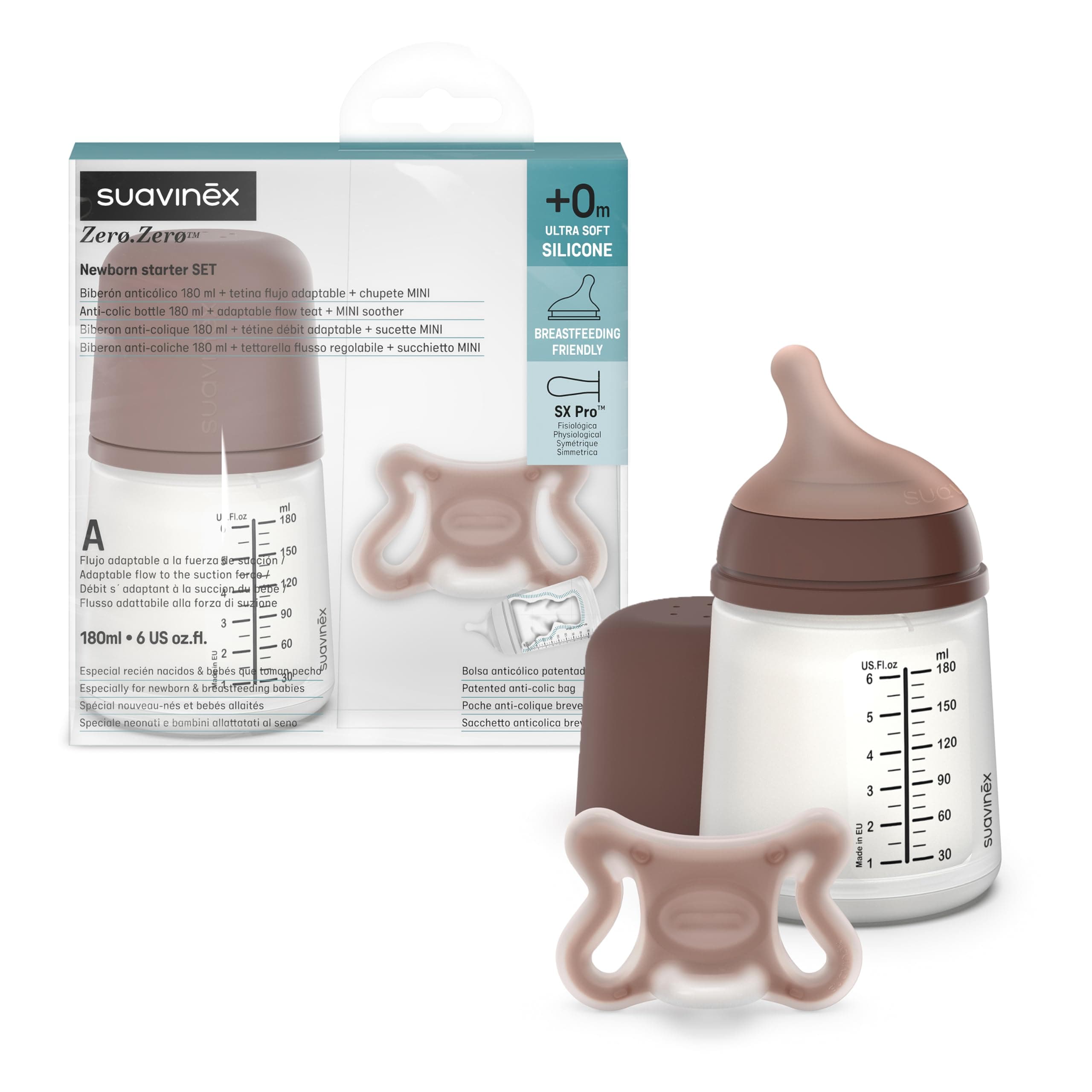 Suavinex, Anti Colic Bottle + Zero Zero Pacifier. 180ml Bottle with Adjustable Teat (A) and Newborn Pacifier, Size -2/2 Months. Suitable for Premature Babies, Supports Breastfeeding, Deep