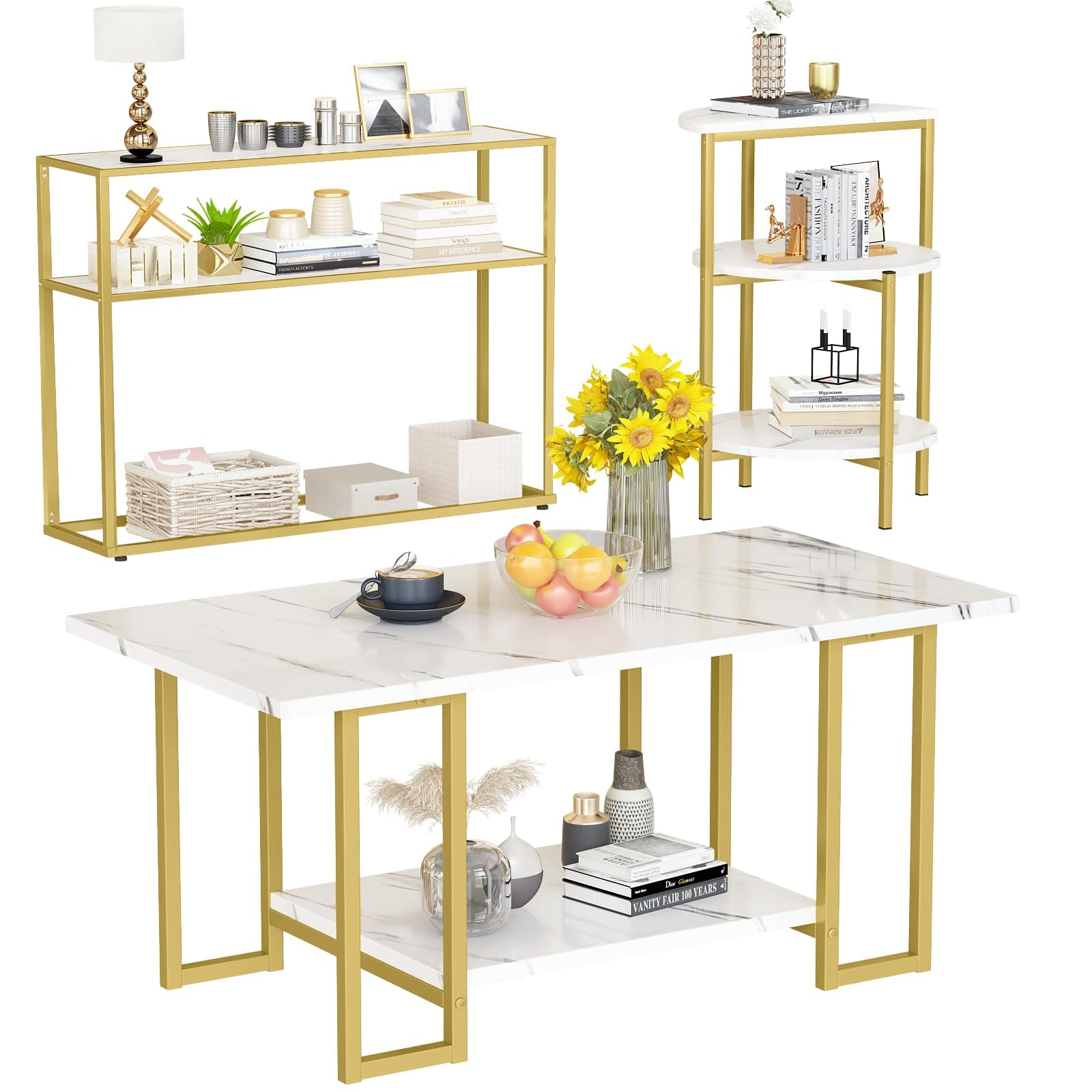 AWQM 3 Pieces Modern Coffee Set, with End Table and Console Table, Contemporary Faux Marble Living Room Table Sets, White&Gold
