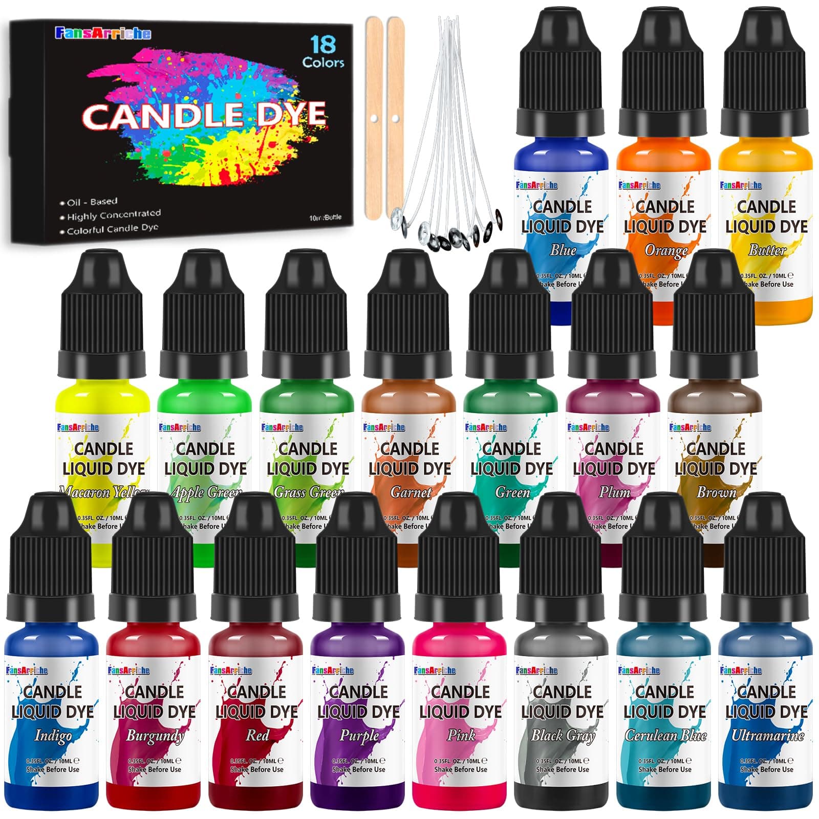 FansArriche Candle Dye - 18 Colours Liquid Oil-Based Dye for Wax, Vivid Candle for Candle Making
