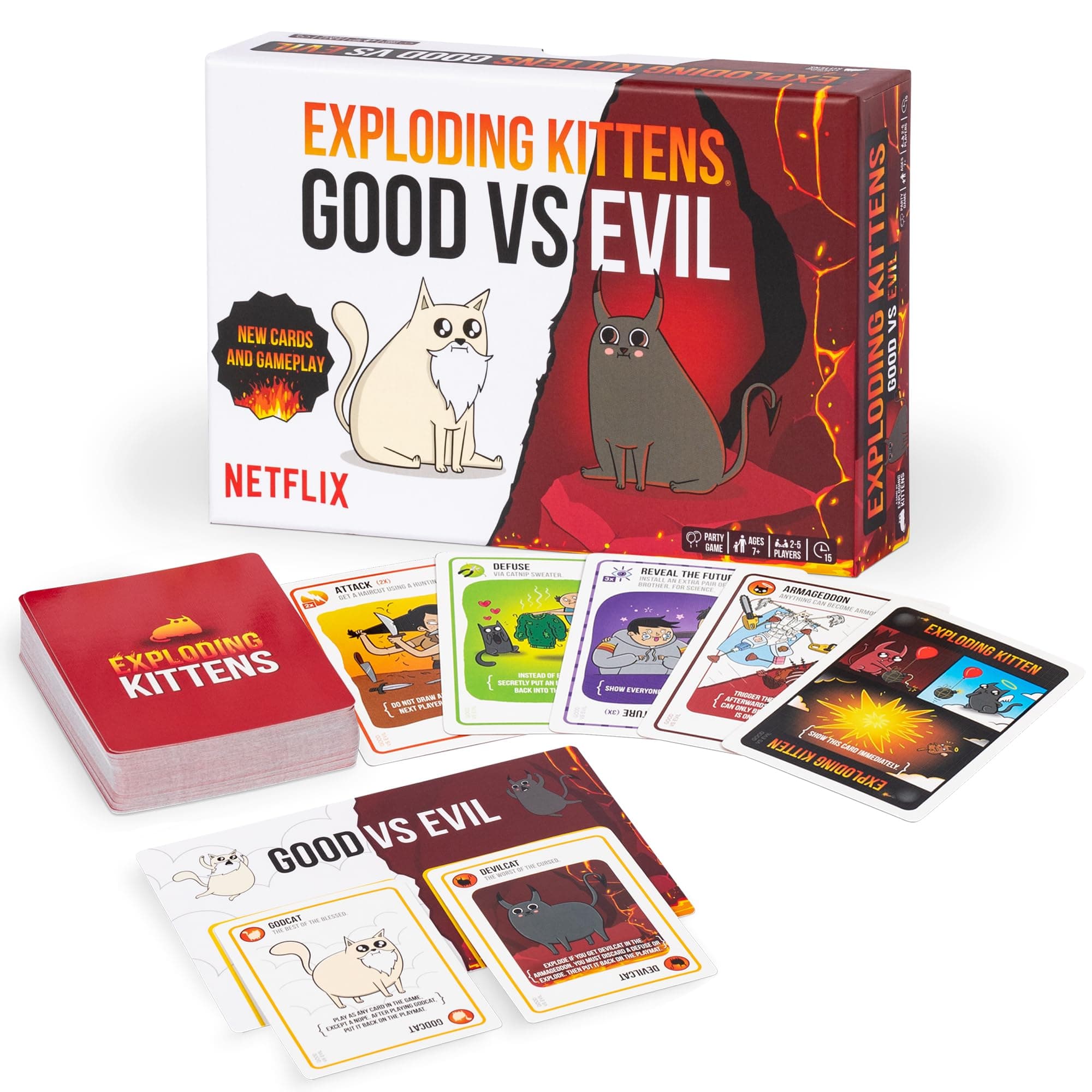 Exploding Kittens - Good vs. Evil - 2-5 Players - Ages 7+ - Inspired by Netflix Show - High Stakes Family Card Game - Ideal for Party, Family Night - Animated Netflix Show