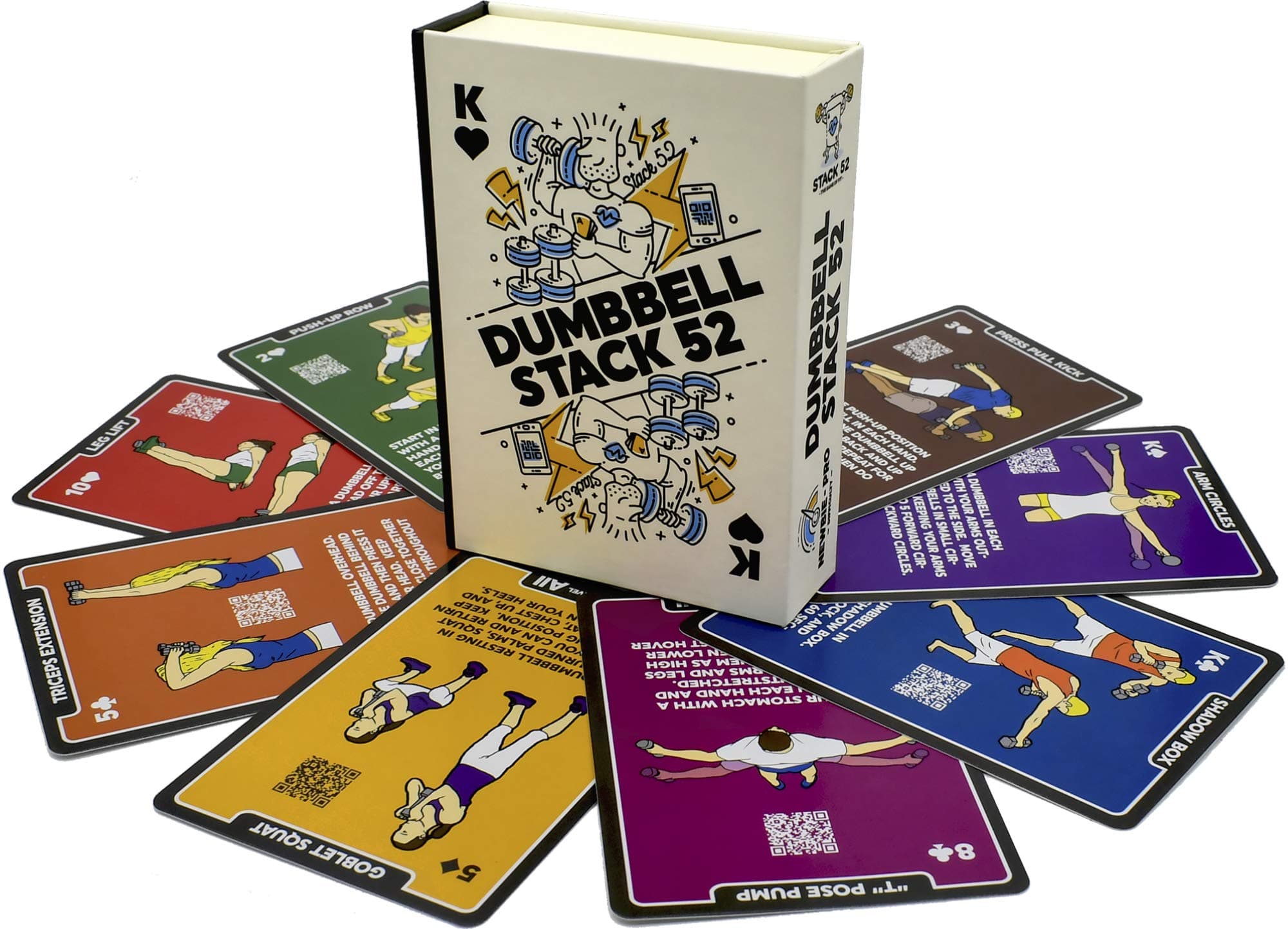 Stack 52 Dumbbell Exercise Cards. Workout Playing Card Game. Video Instructions Included. Perfect for Training with Adjustable Free Weight Sets and Home Gym Fitness. (2019 Base Deck)