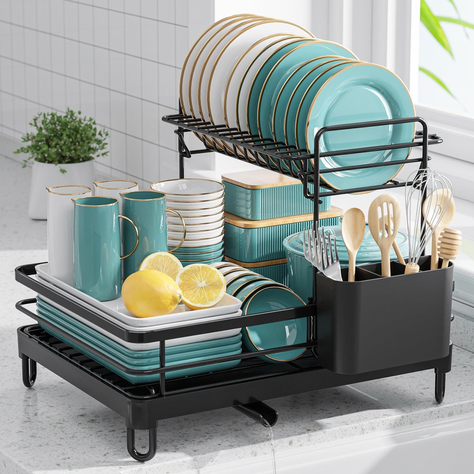 Dish Drying Rack - Rustproof & Durable Dish Rack, Large-Capacity Drying Rack for Kitchen Counter, 2-Tier Dish Drying Rack for Dishes, Bowls, Cutlery, Black