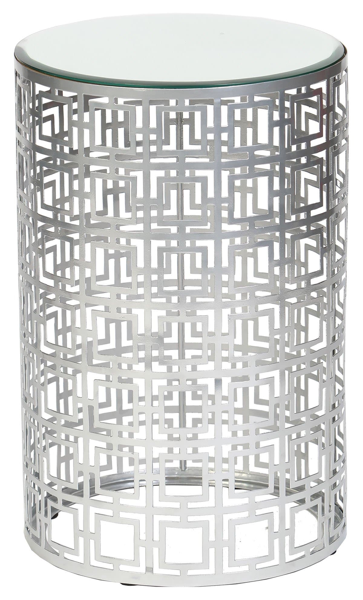 Knox and Harrison Round Accent Table with Pierced Geometric Pattern in Nickel Finish, Aluminum, Silver