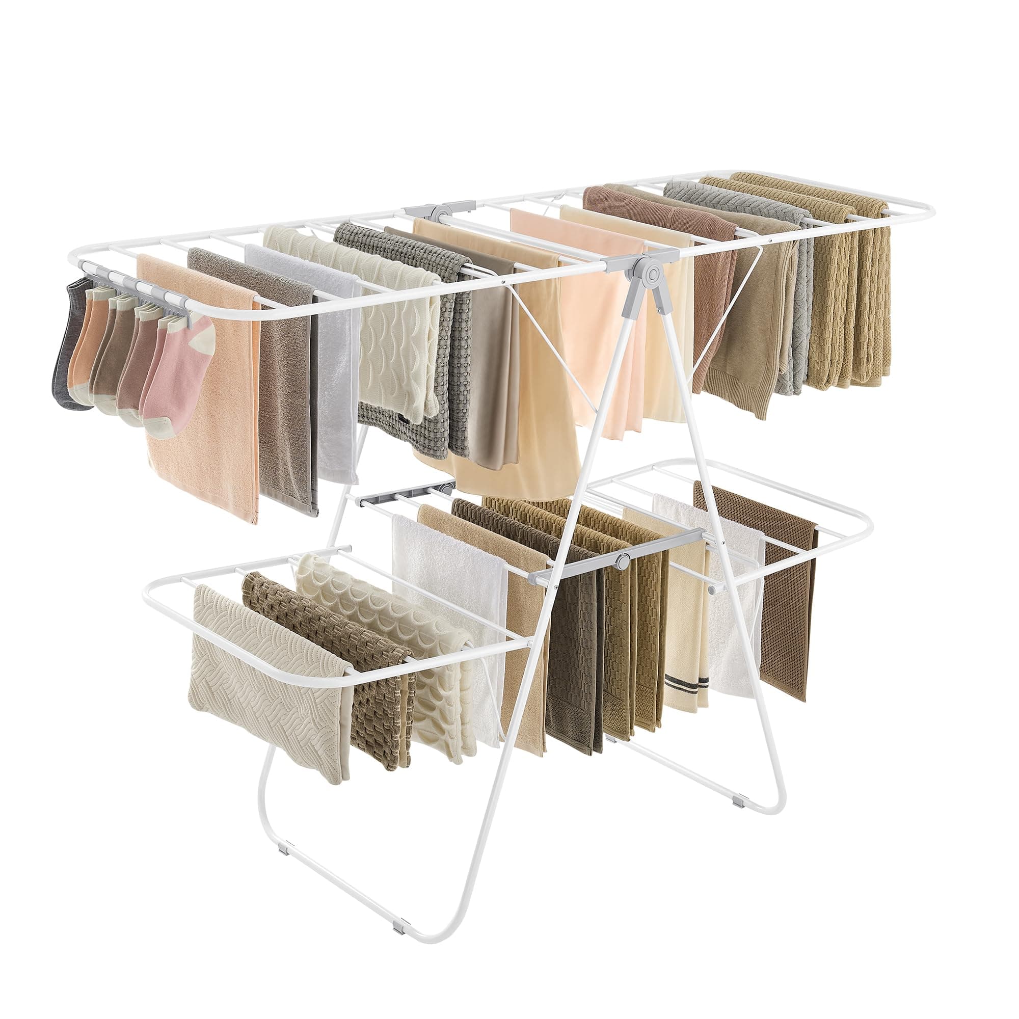 SONGMICS Clothes Drying Rack, Foldable 2-Level Laundry Drying Rack, Free-Standing Laundry Airer, with Height-Adjustable Wings, 33 Drying Rails, Sock Clips, White and Gray ULLR053G01V1