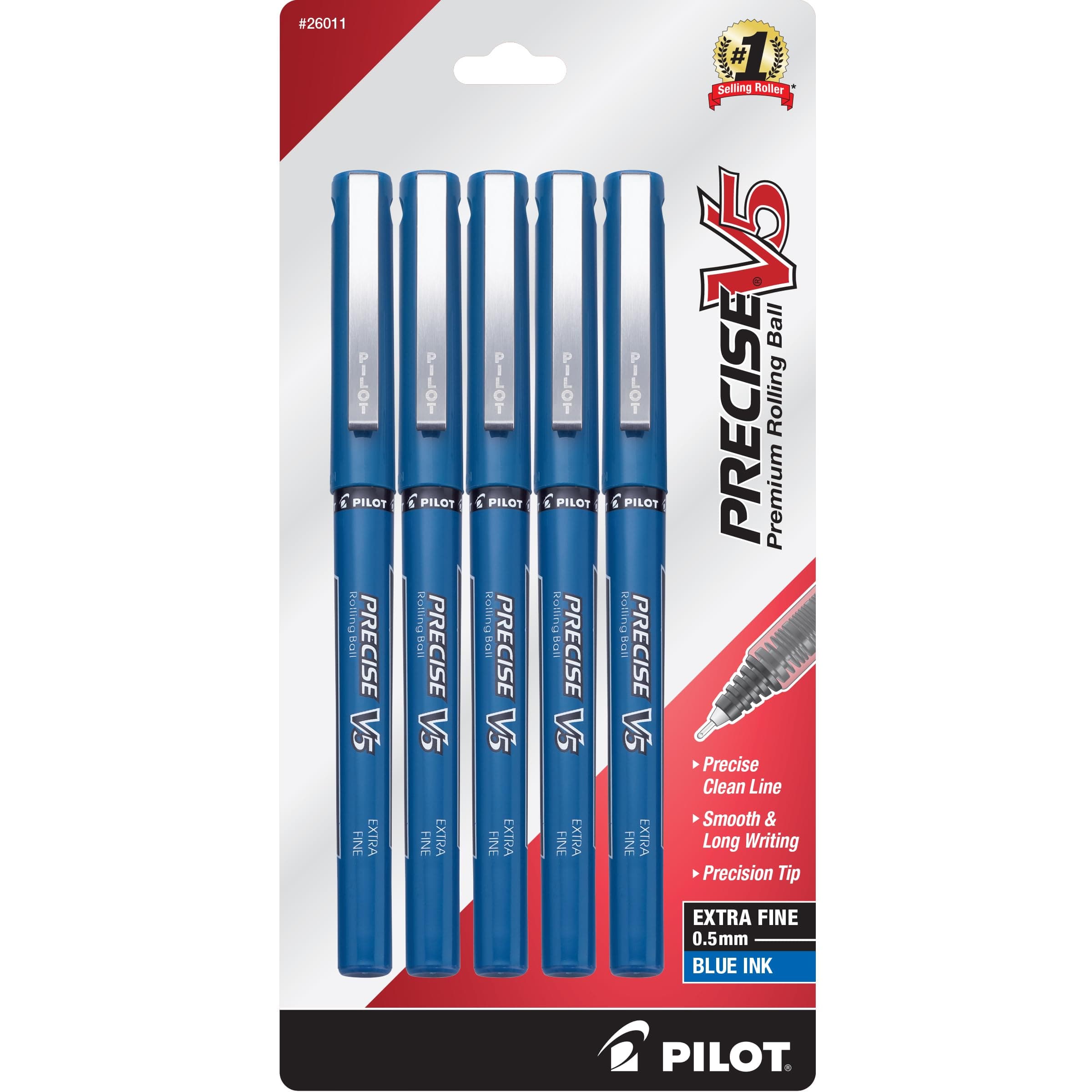 Pilot Precise V5 Rollerball Pens, Extra Fine Point 0.5 mm Blue Pens, Blue, Pack of 5 - Ideal for School, Journaling & Office Writing