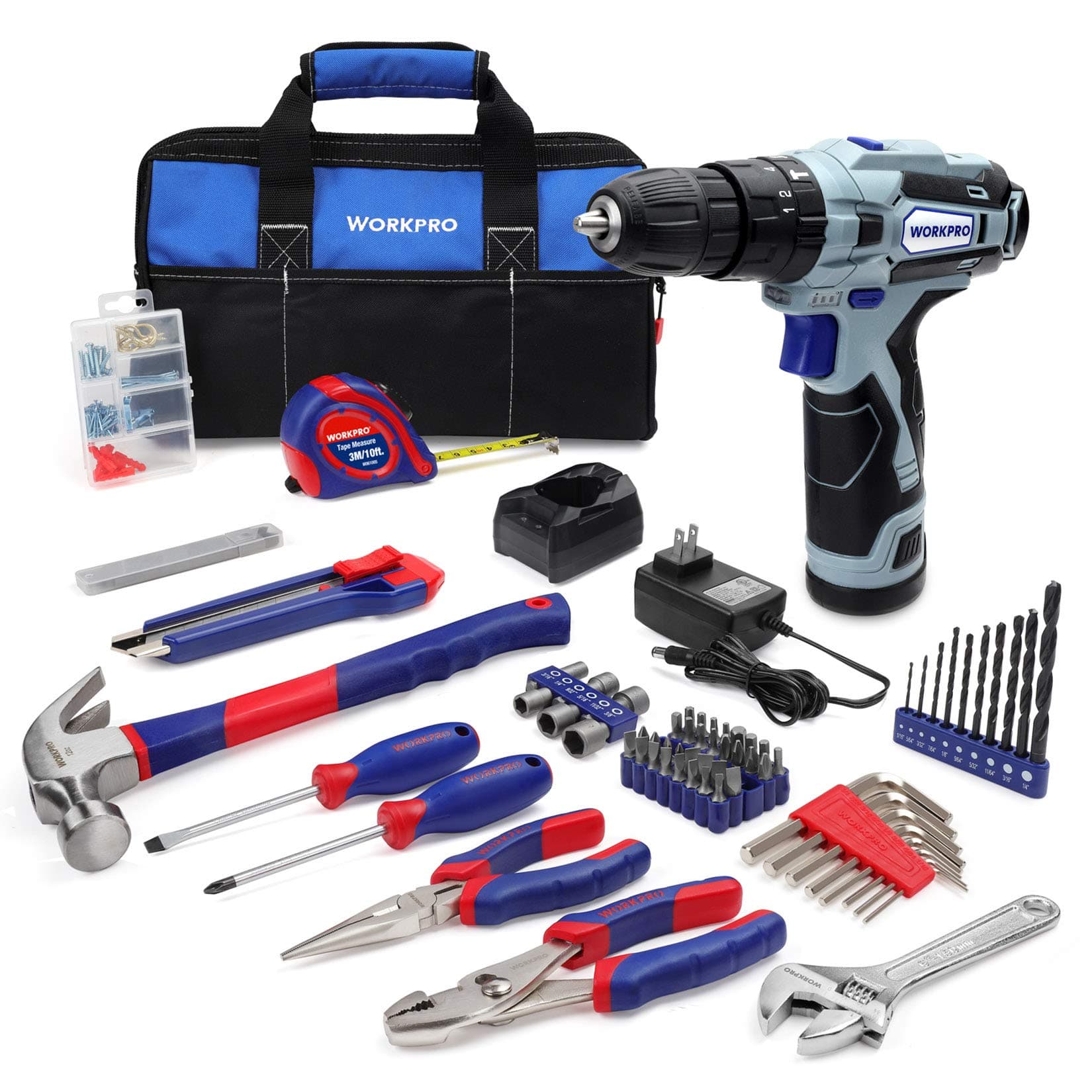 WORKPRO 12V Cordless Drill and Home Tool Kit