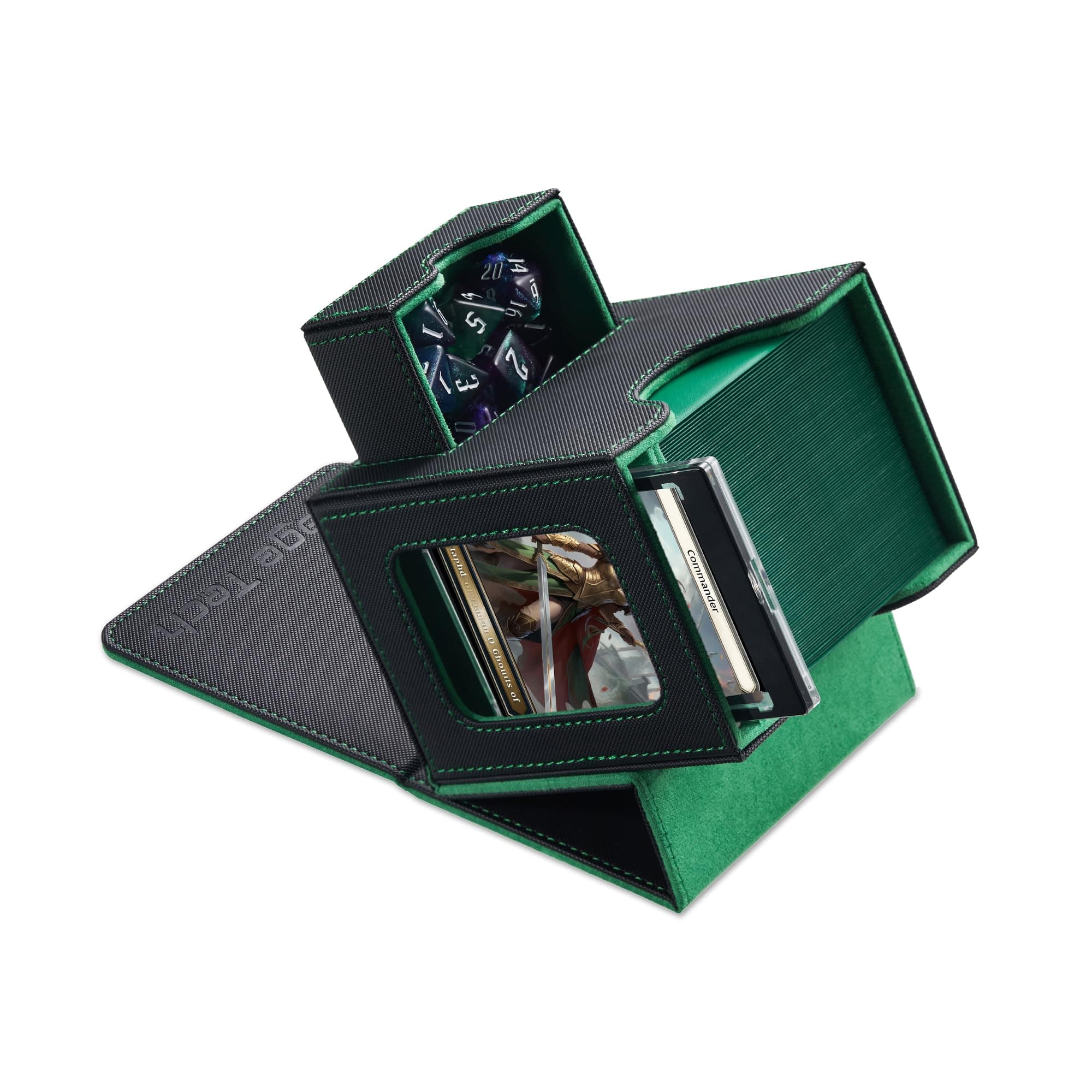 - Card Deck Box for MTG Commander - Patented Design, Commander Display, Fits 100 Double-Sleeved Cards, 35pt Card Brick & Dice Tray - Black/Green