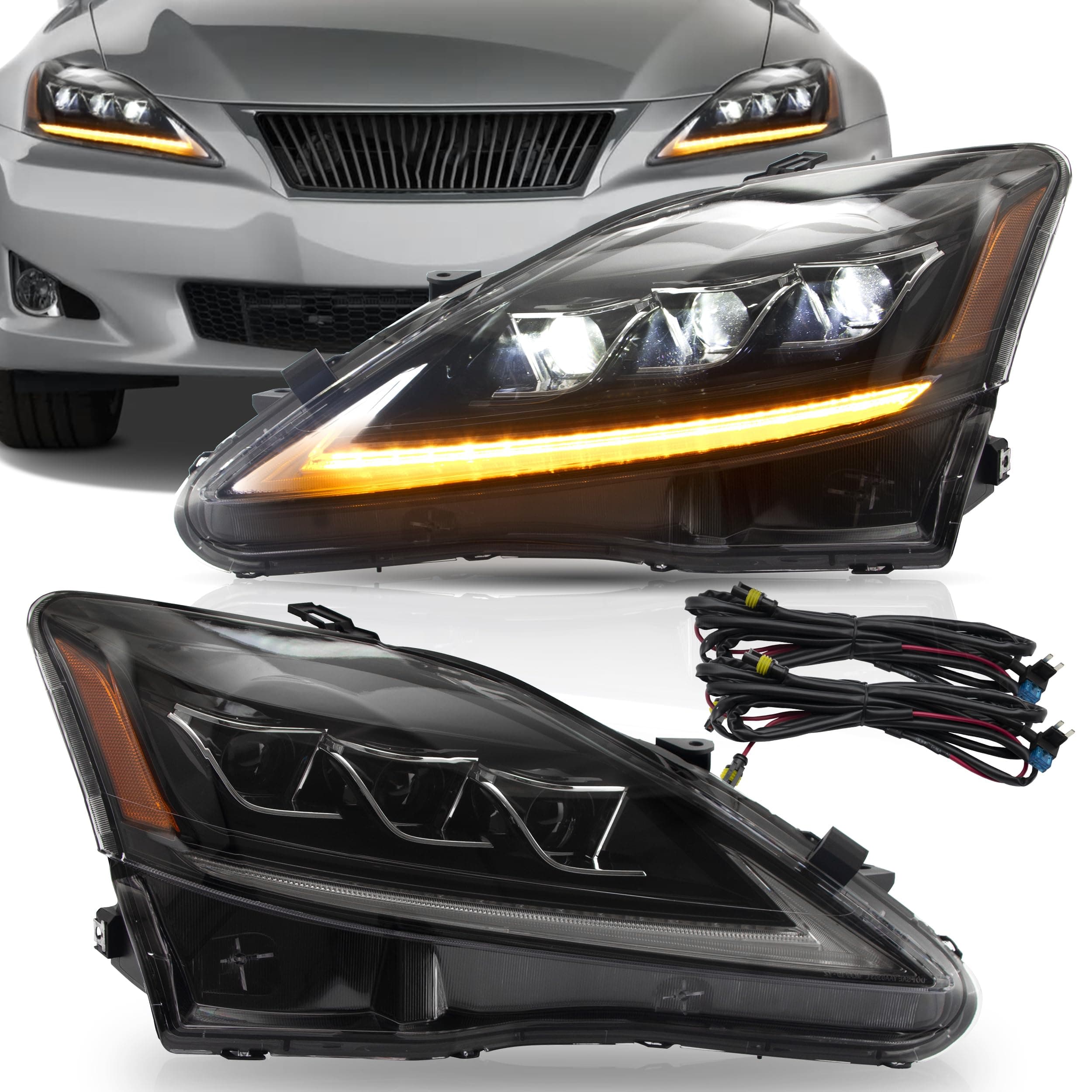 VLAND Headlights Assembly Fit for IS250/ IS250C IS350 IS350C IS220d 2006-2012, ISF 2008-2014 W/DRL, LED Front light with Sequential Turn Signal, Plug-n-Play Amber Headlamp