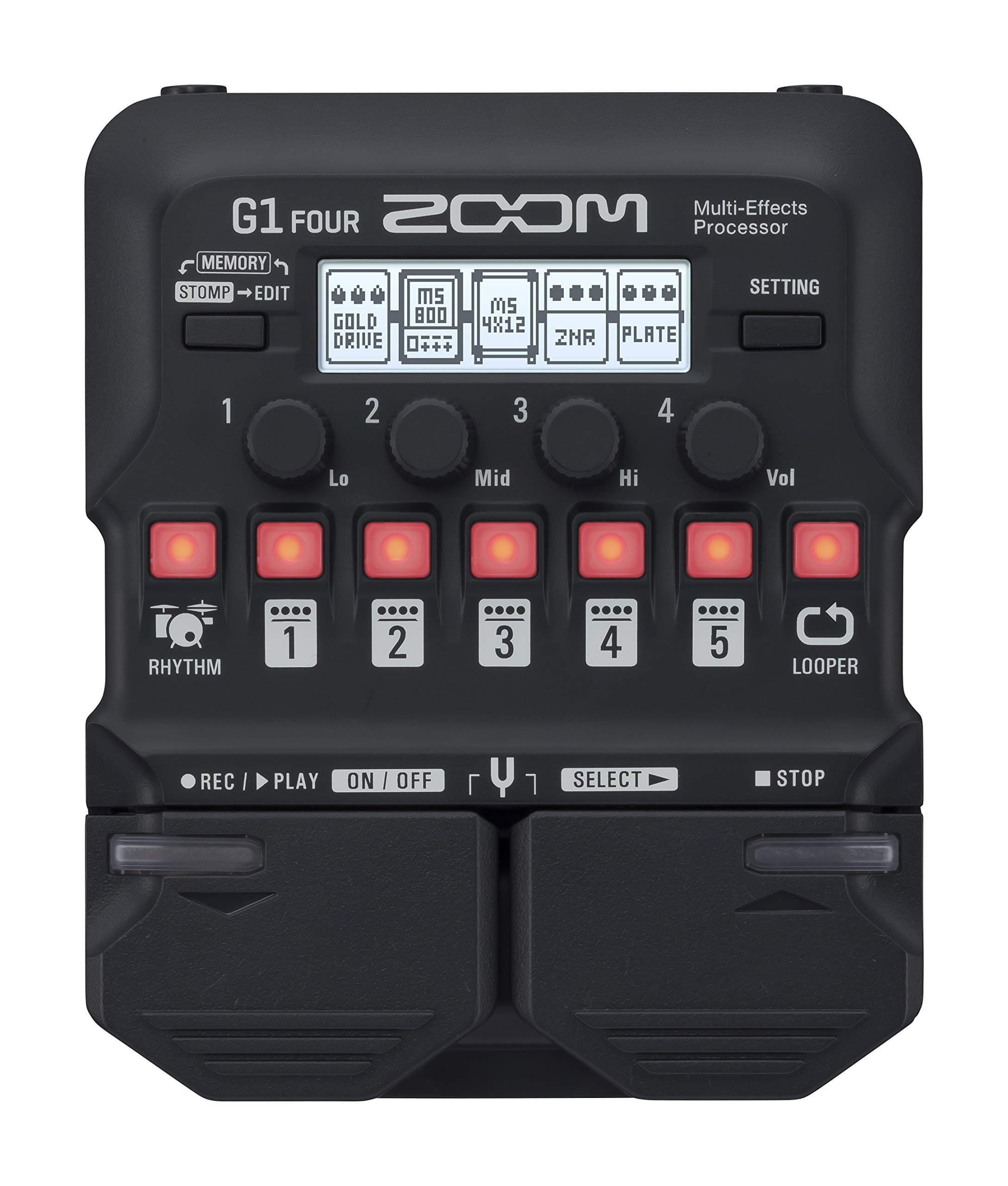 Zoom G1 FOUR Guitar Multi-Effect Processor Pedal 60+ with Built-in Effects Amp Modeling Looper Rhythm Section Tuner Battery Operated Black