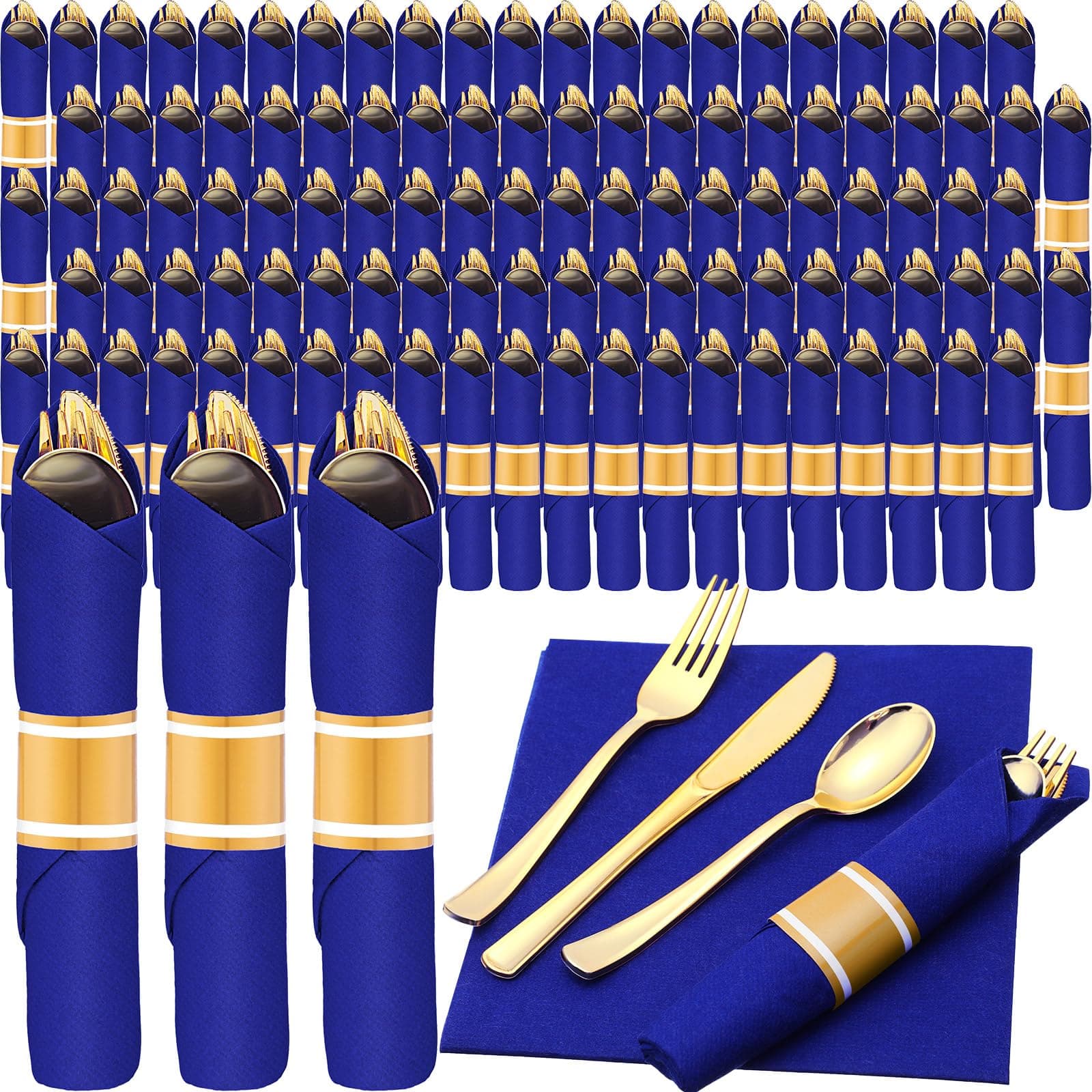 Zubebe 100 Pack Rolled Silverware Pre Rolled Silverware Set Disposable Wrapped Plastic Cutlery Set Disposable Utensils Includes Forks, Knives, Spoons, Napkins Wrapped for Wedding Party (Gold,Blue)