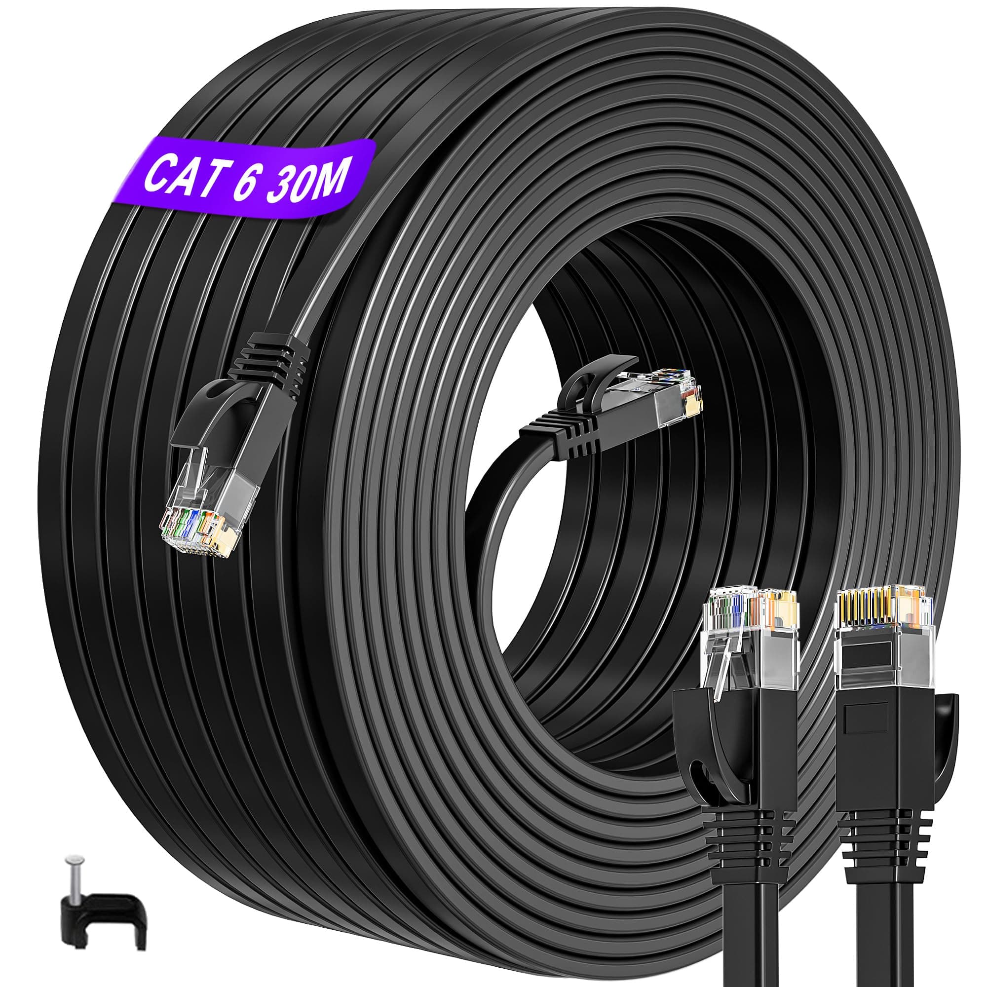 ikbcEthernet Cable 30m, CAT.6 100ft Network Cable, Flat Network Cable RJ45 High Speed 10/100/1000Mbit/s Patch cable compatible with CAT.5 CAT.5e CAT.7 compatible with CAT.5 CAT.5e