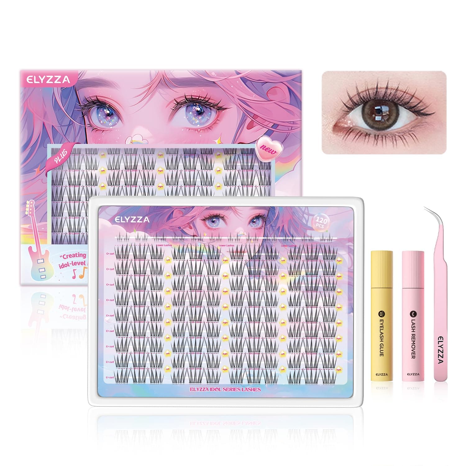 ELYZZA Idol Lash Extension Kit 10-12mm Cluster Lashes C+ Curl Natural Look Eyelash Clusters With Bottom Lashes Faux Lash Clusters Extensions With Tweezers & Glue For DIY Individual Lashes at Home