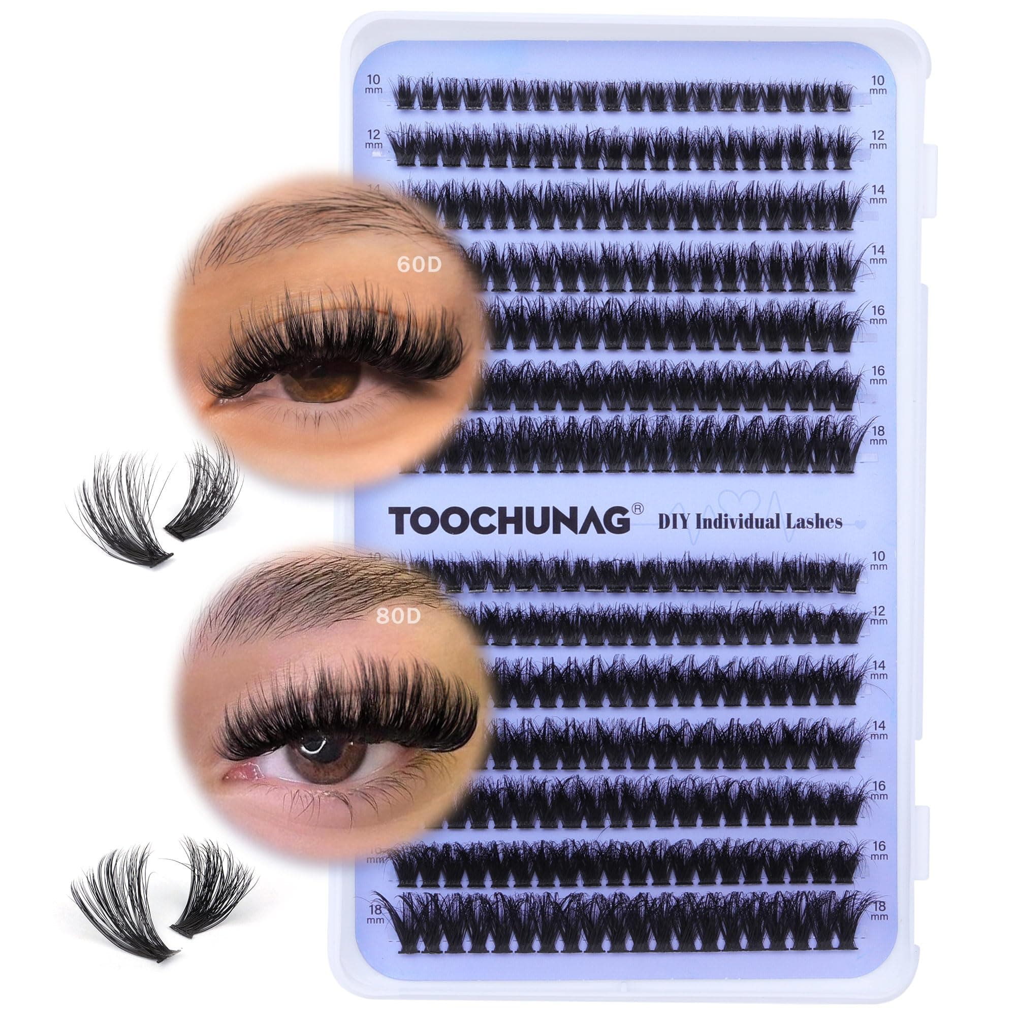 Fluffy Lash Clusters 60D+80D Thick Eyelash Clusters D Curl Wispy Individual Lashes 10-18mm Cluster Eyelash Extensions 280pcs False Eyelashes DIY Flat Lash Extension by TOOCHUNAG