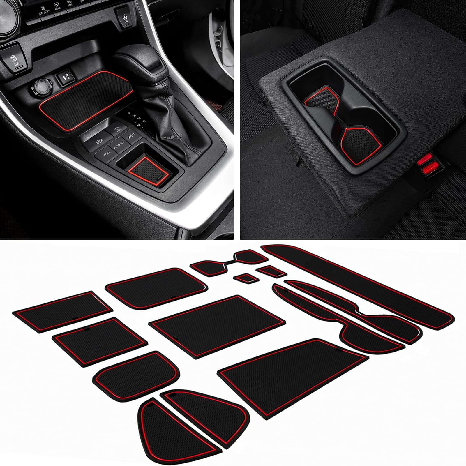 JDMCAR Liner Accessories Compatible with Toyota RAV4 2019-2024 2025 and 2021-2025 RAV-4 Prime, Custom Fit Cup Holder, Center Console, and Door Pockets Inserts Kit (Red Trim) - 15 PC Set