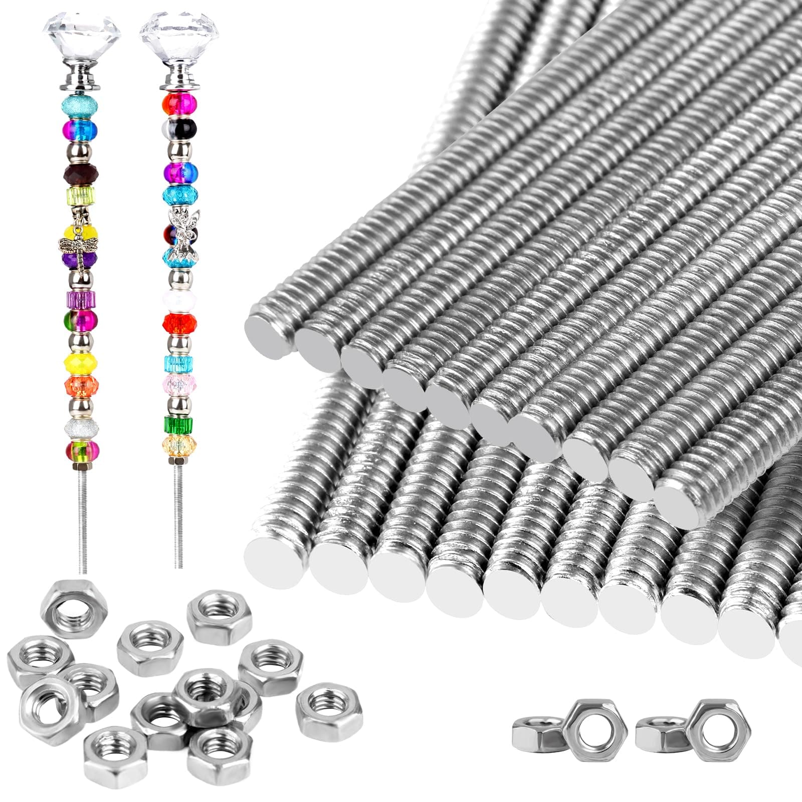 40 Pcs 8/32 Inch Threaded Rod Sets Include 20 Pcs M4 Screw Rod with 20 Pcs Metal Hex Nuts Stainless Steel Threads Studs Rods Fully Threaded Hex Nuts for Beaded Garden Stake Rods - 20 Set (12 Inch)