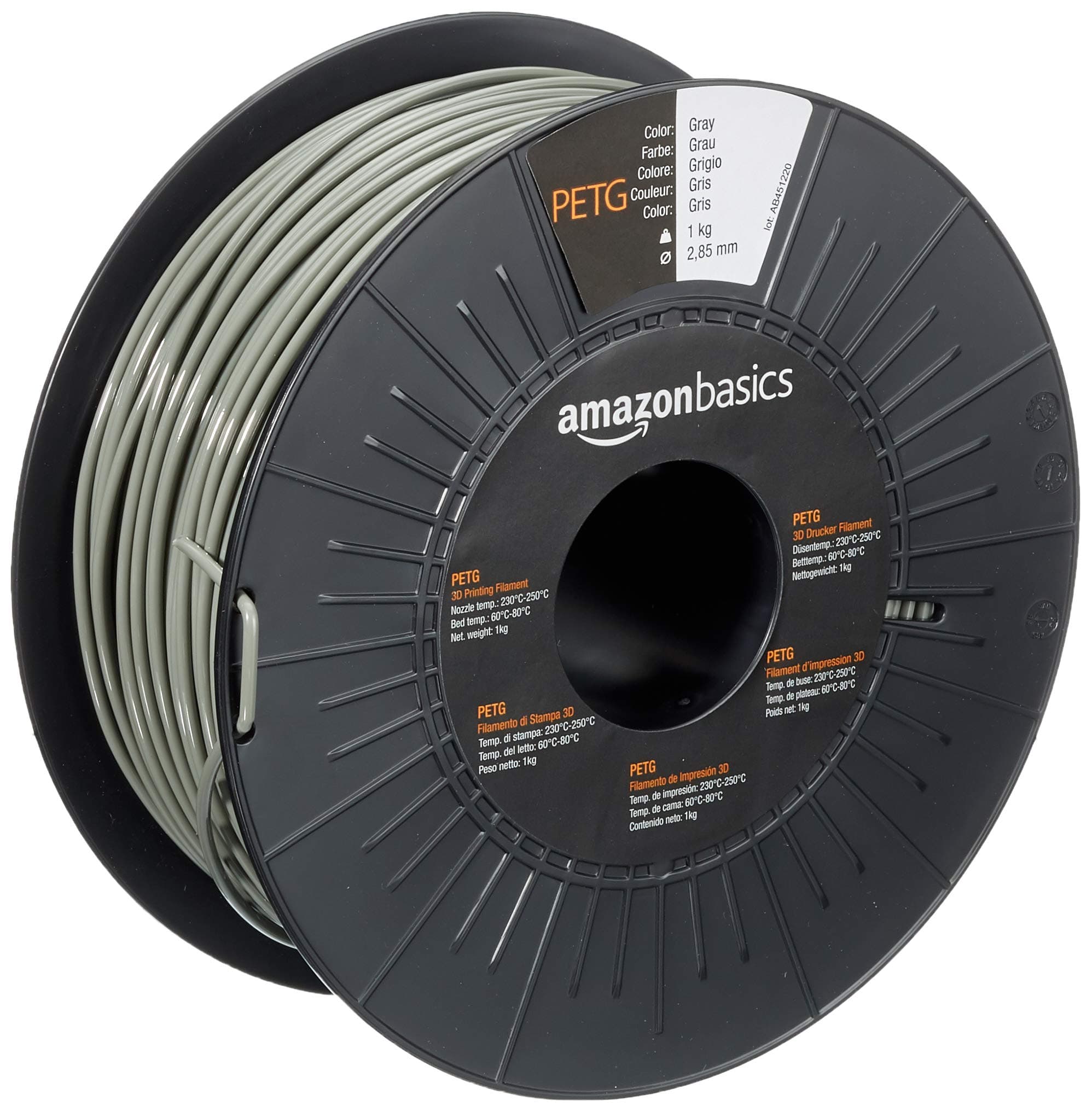 Amazon Basics PETG 3D Printer Filament, 2.85 mm, Gray, 1 kg Spool