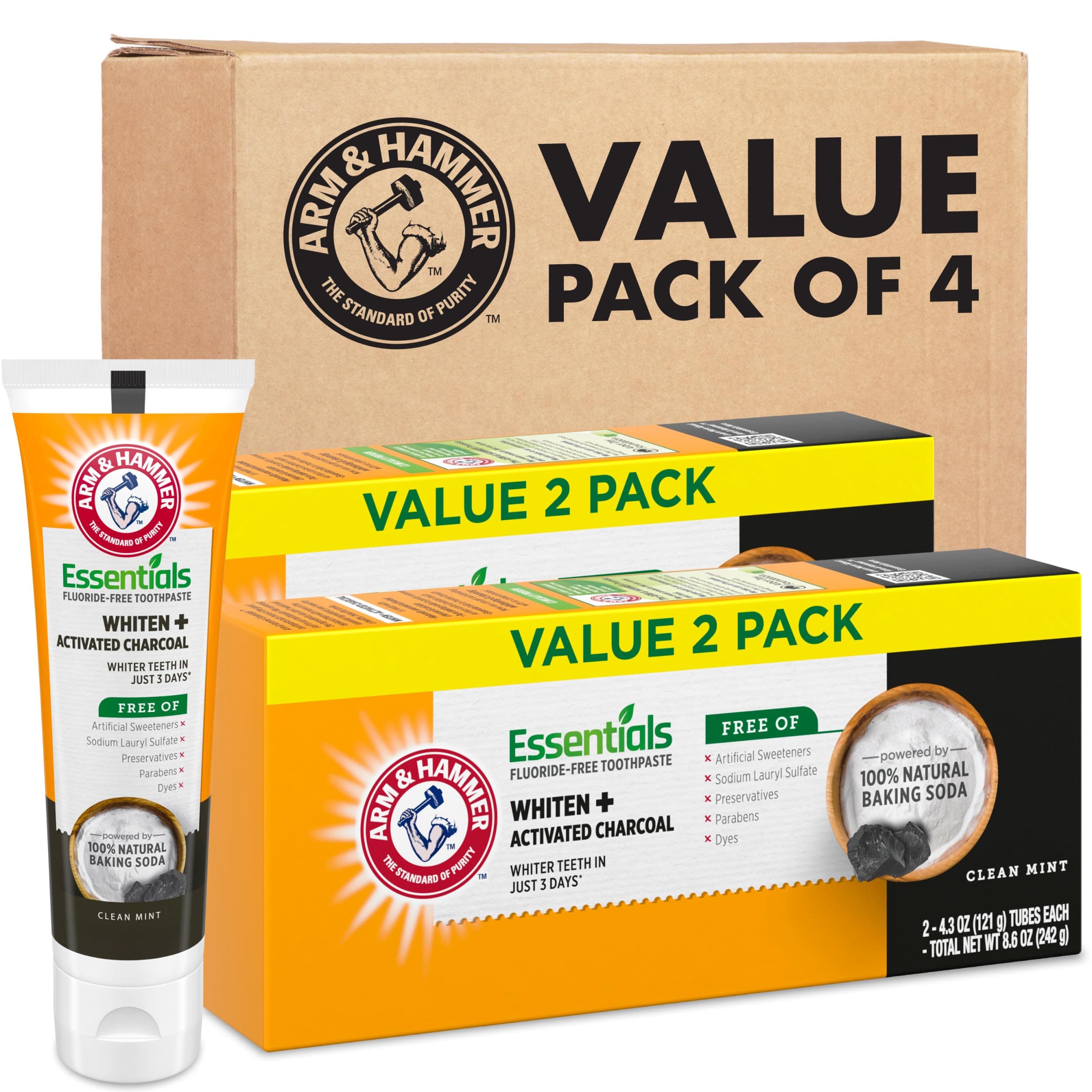 Essentials Fluoride-Free Toothpaste, Whitening + Activated Charcoal Toothpaste, 4 Pack of 4.3oz Tubes, Clean Mint, 100% Natural Baking Soda